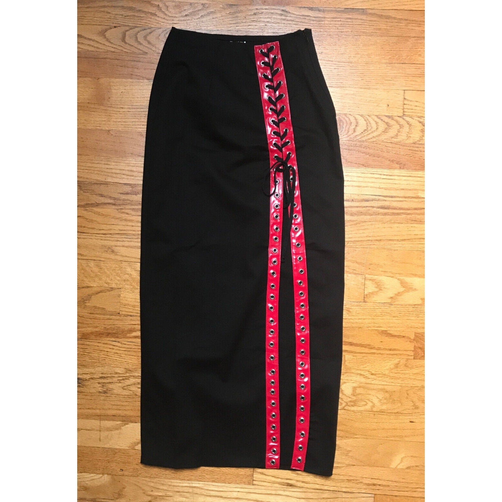 Phaze UK Punk Goth Black Cotton Red Vinyl Lacing Long Skirt