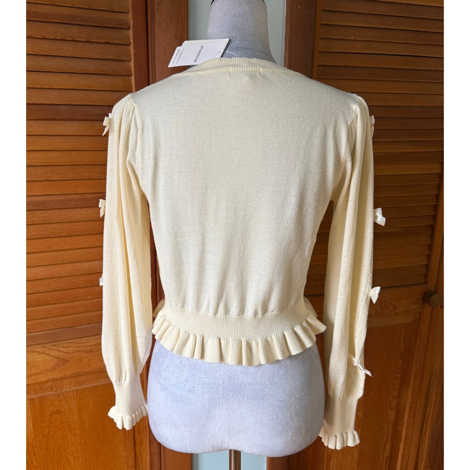 Axes Femme Jfashion Kawaii Cottage Ivory Textured Bow Sleeve Cardigan Sweater M