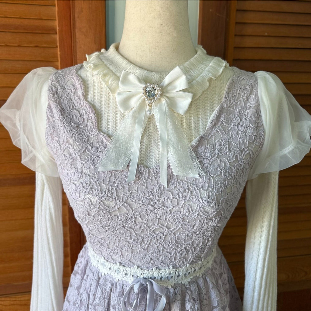 Liz Lisa J-Fashion Jirai Kei Gyaru Dollcore Lilac Lace Ivory Bow Sweater Dress S
