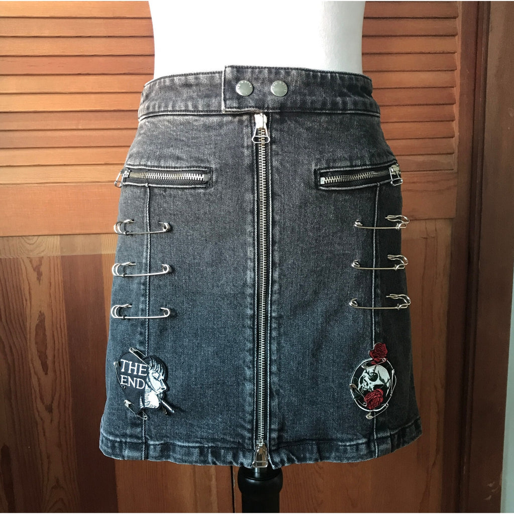 Punk Goth Dark Gray Denim Patches, Safety Pins & Chains Skirt XS 0