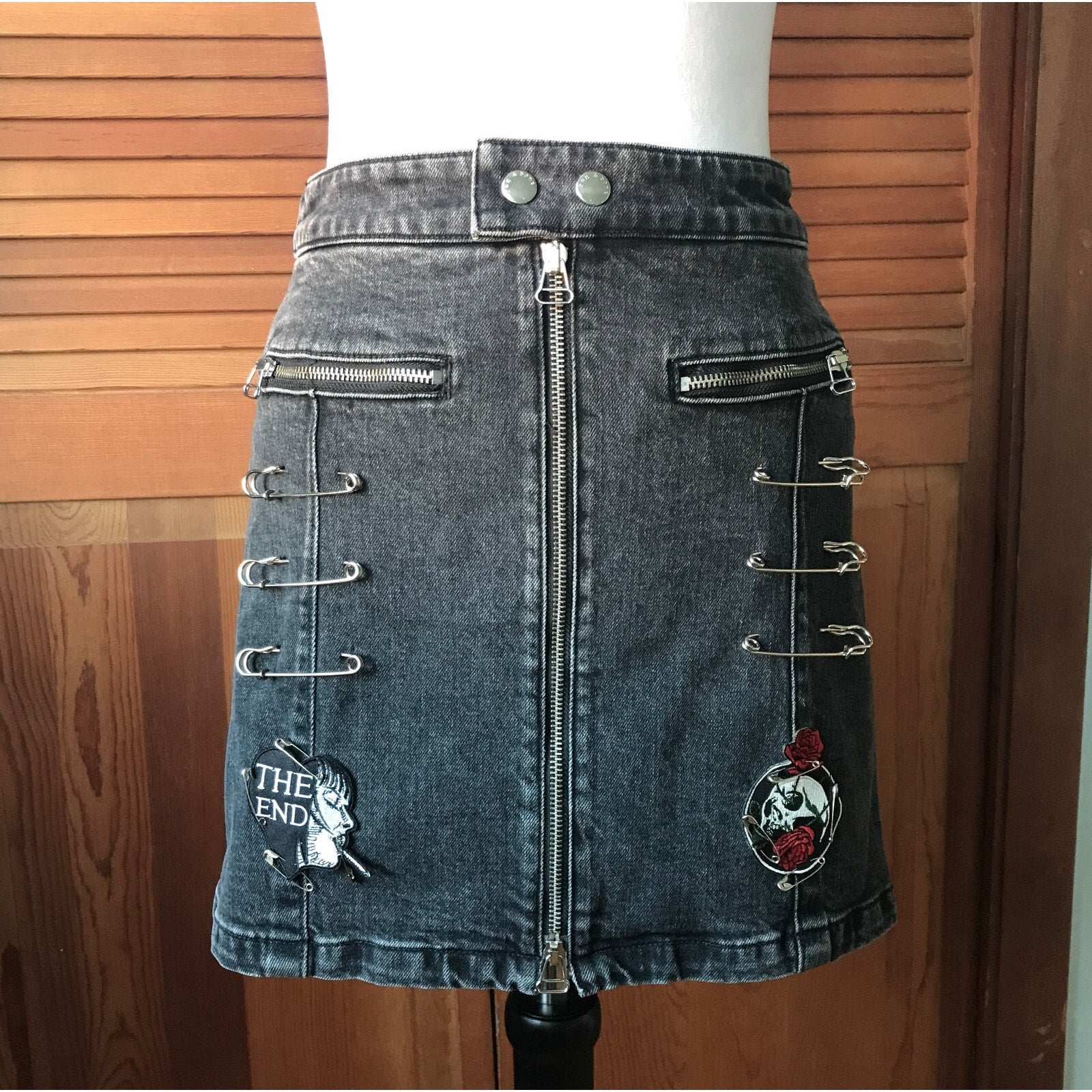 Punk Goth Dark Gray Denim Patches, Safety Pins & Chains Skirt XS 0