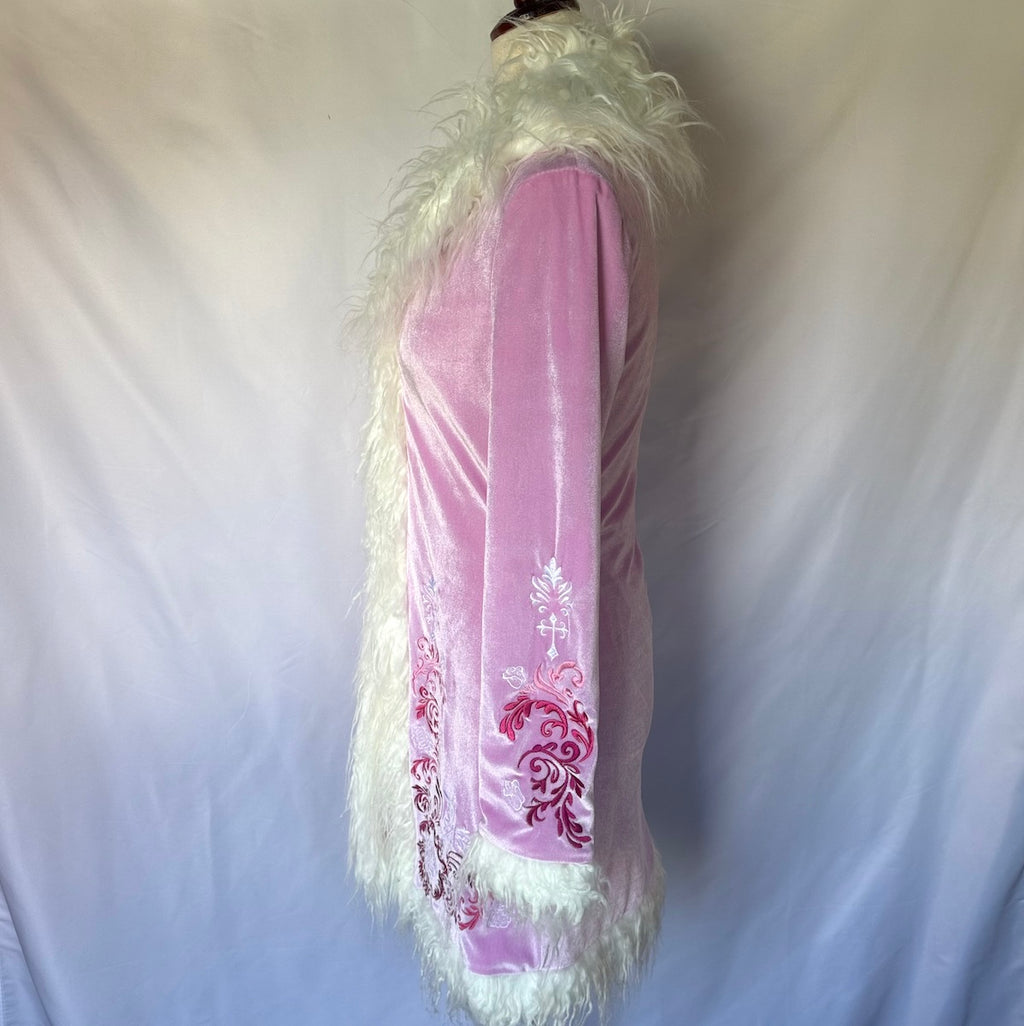 Dolls Kill Whimsigoth Victorian Dollcore Embroidered Pink Faux Fur Trim Jacket
