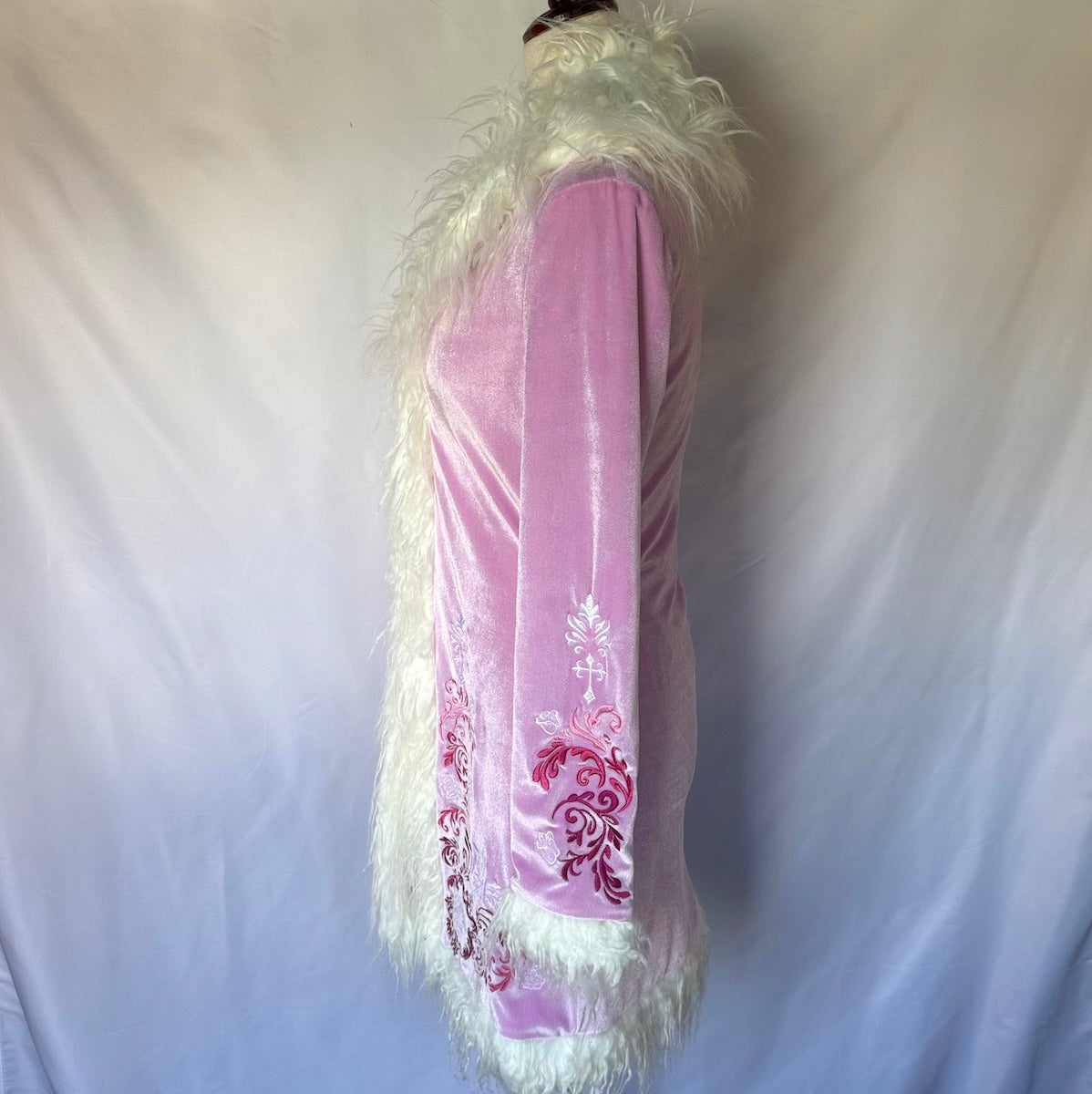 Dolls Kill Whimsigoth Victorian Dollcore Embroidered Pink Faux Fur Trim Jacket