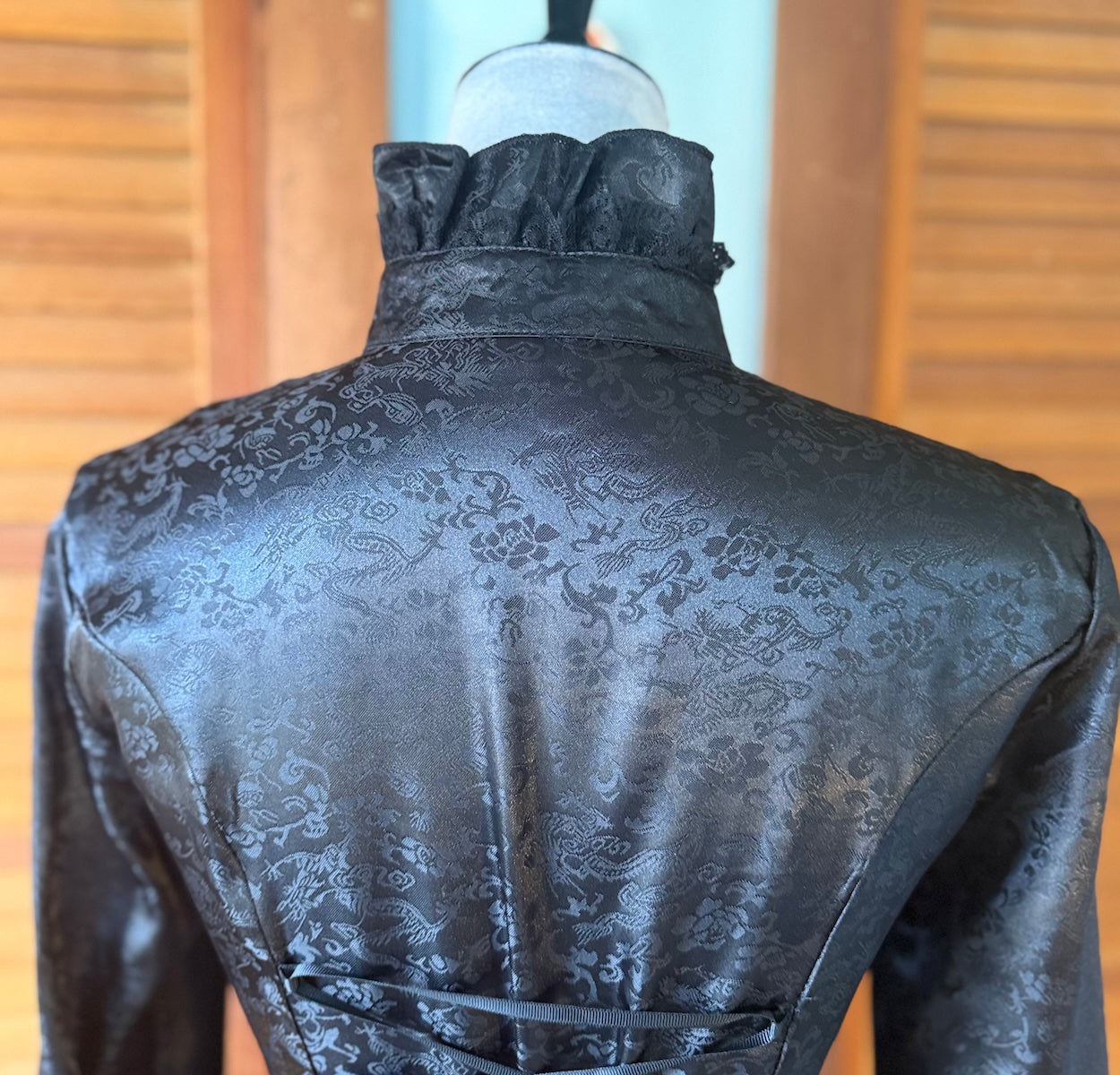 Gothic Victorian Aristocrat Visual Kei Black Brocade Small Jabot Ruffle Shirt