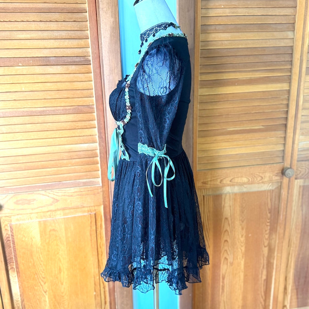 Gothic Fairy Dolls Kill Black Lace Green Lace Up Panel Dress