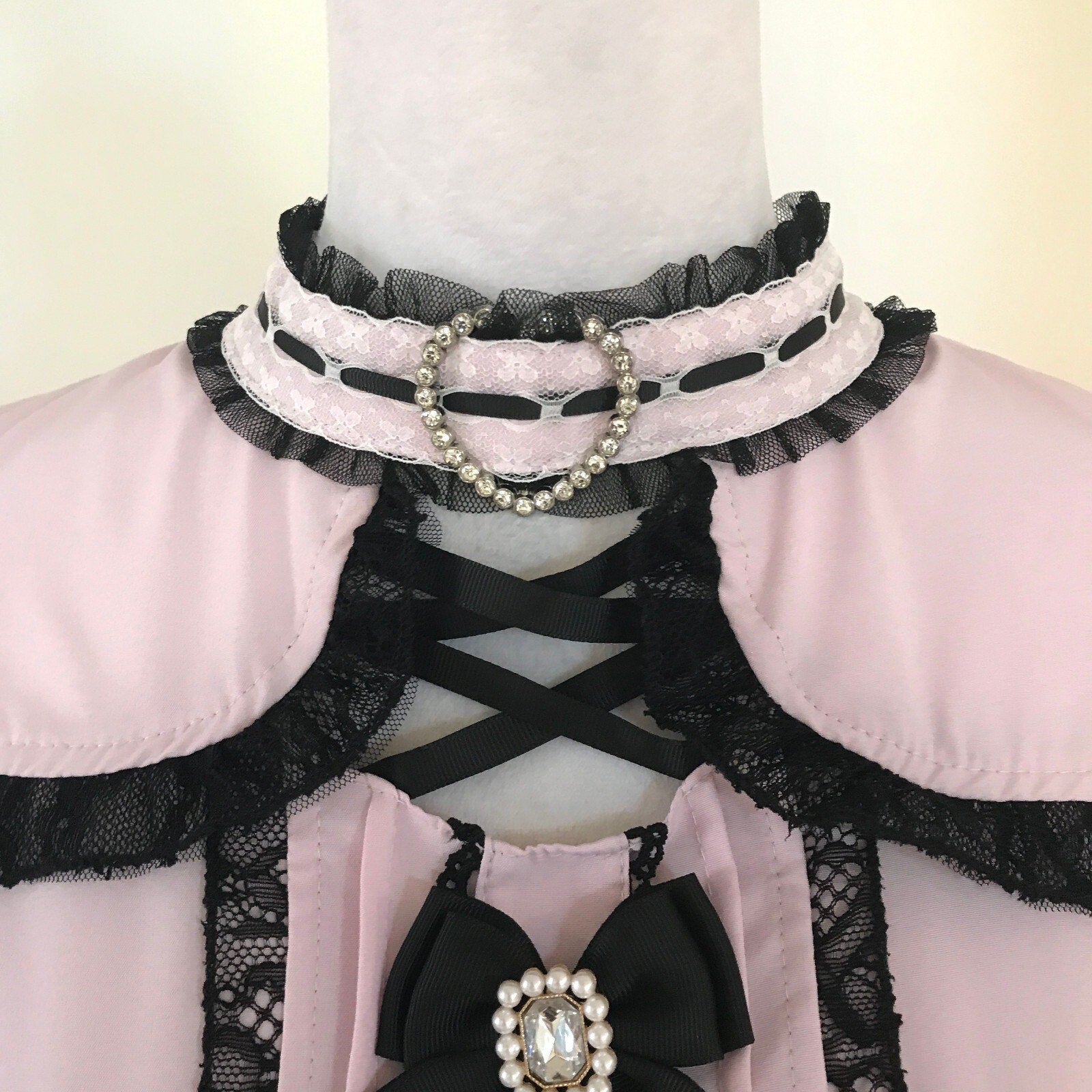 Lolita Victorian J-fashion Jirai Kei Pink Black Bows Open Shoulder Blouse Top L