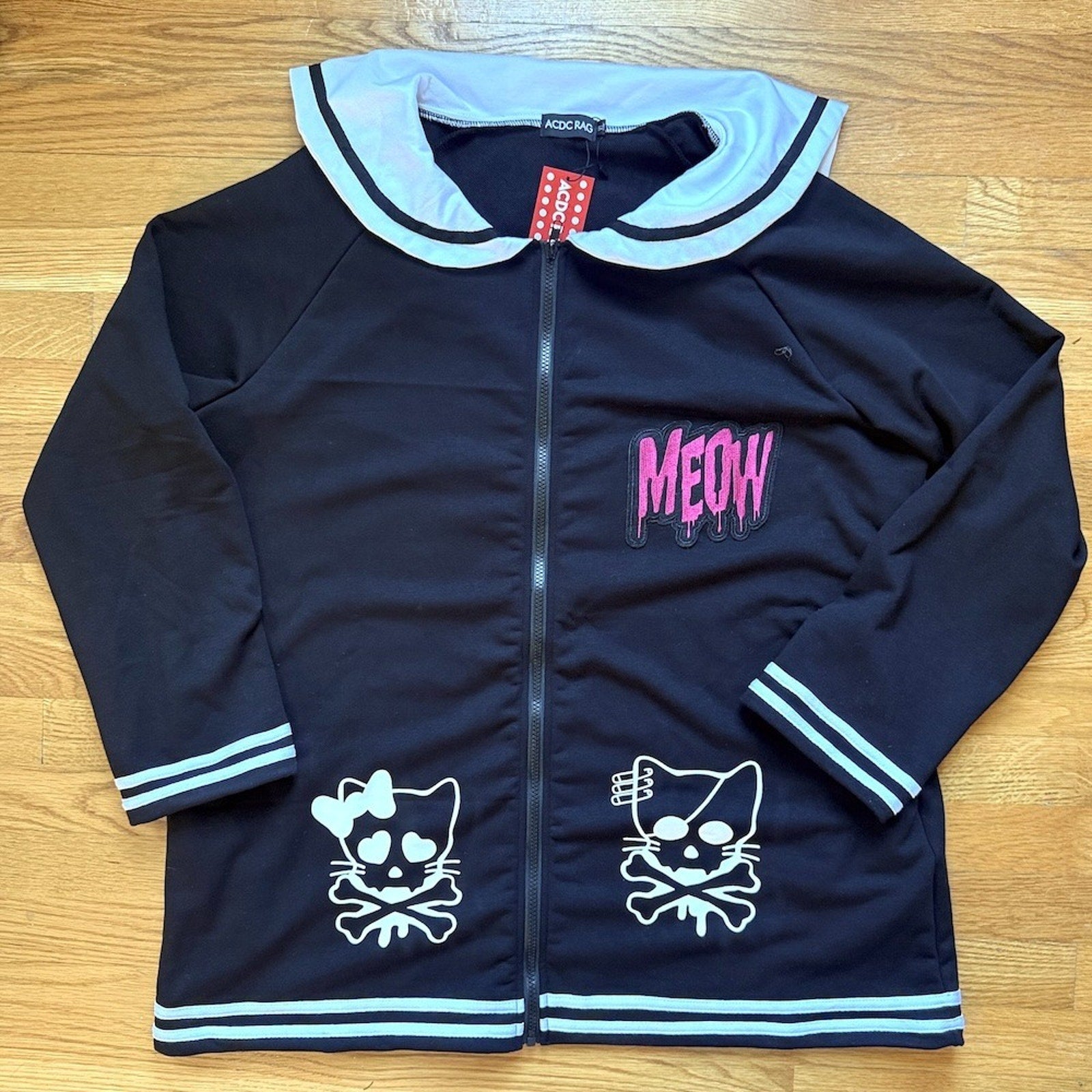ACDC Rag Punk Goth Emo Black & White Kitty Cat Sailor Collar Jacket Plus Size
