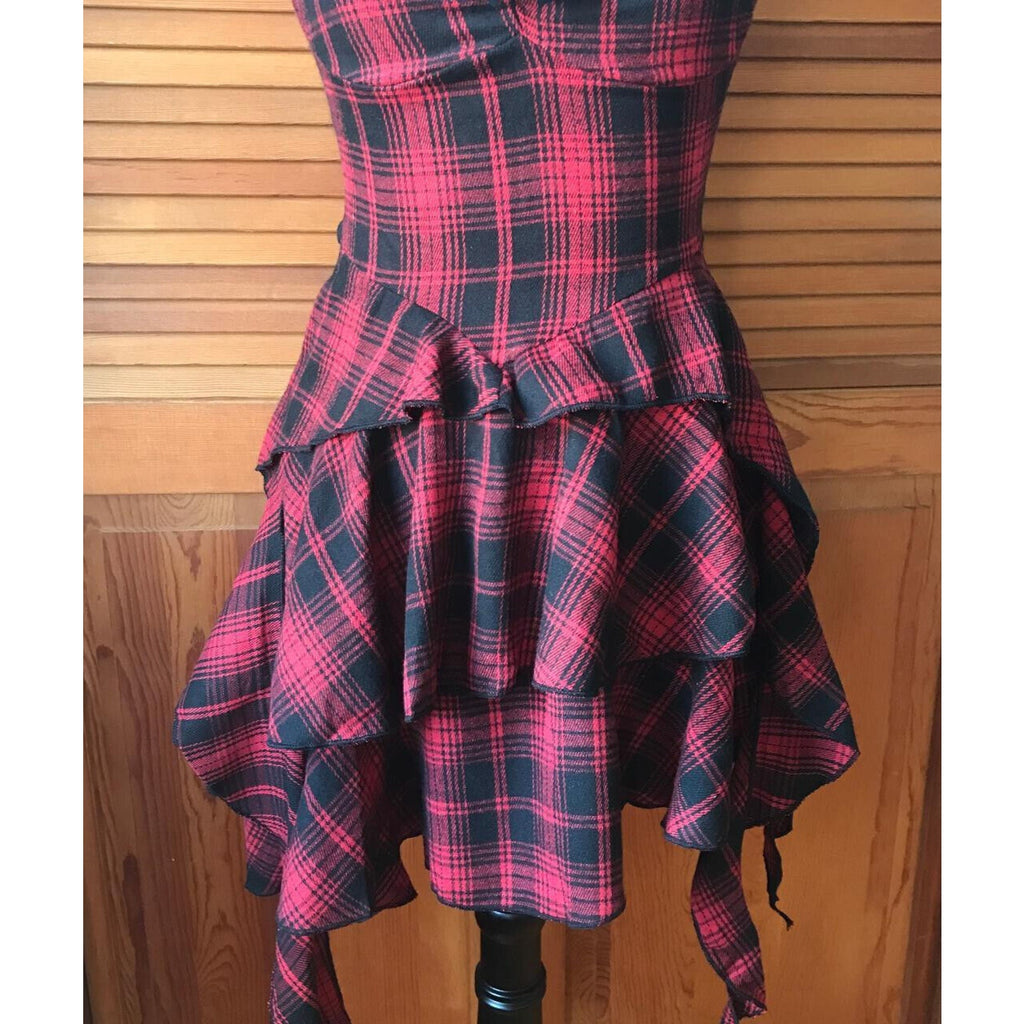 Punk Goth Red Plaid Tartan Pixie Hem Shoulder Strap Dress M
