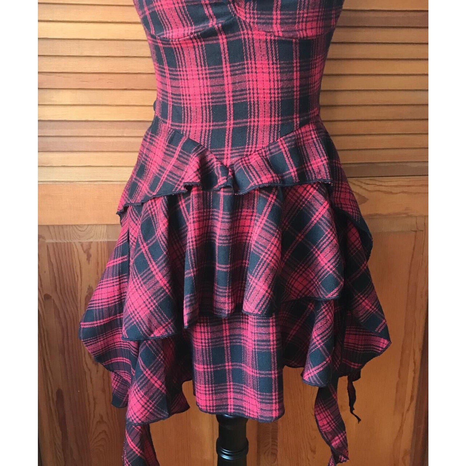 Punk Goth Red Plaid Tartan Pixie Hem Shoulder Strap Dress M