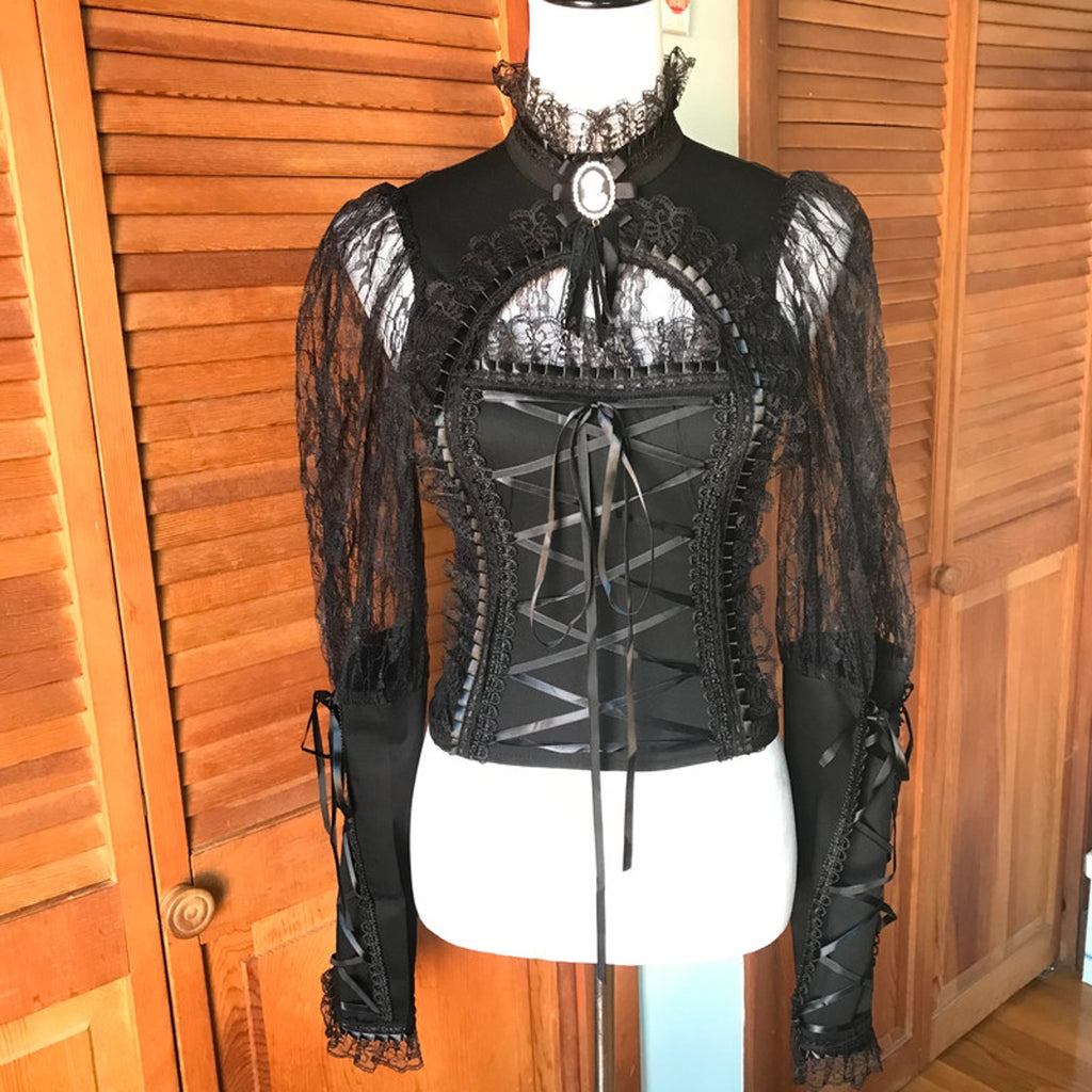 Phaze UK Gothic Lolita Victorian Aristocrat Cosplay Black Lace Up Cameo Top