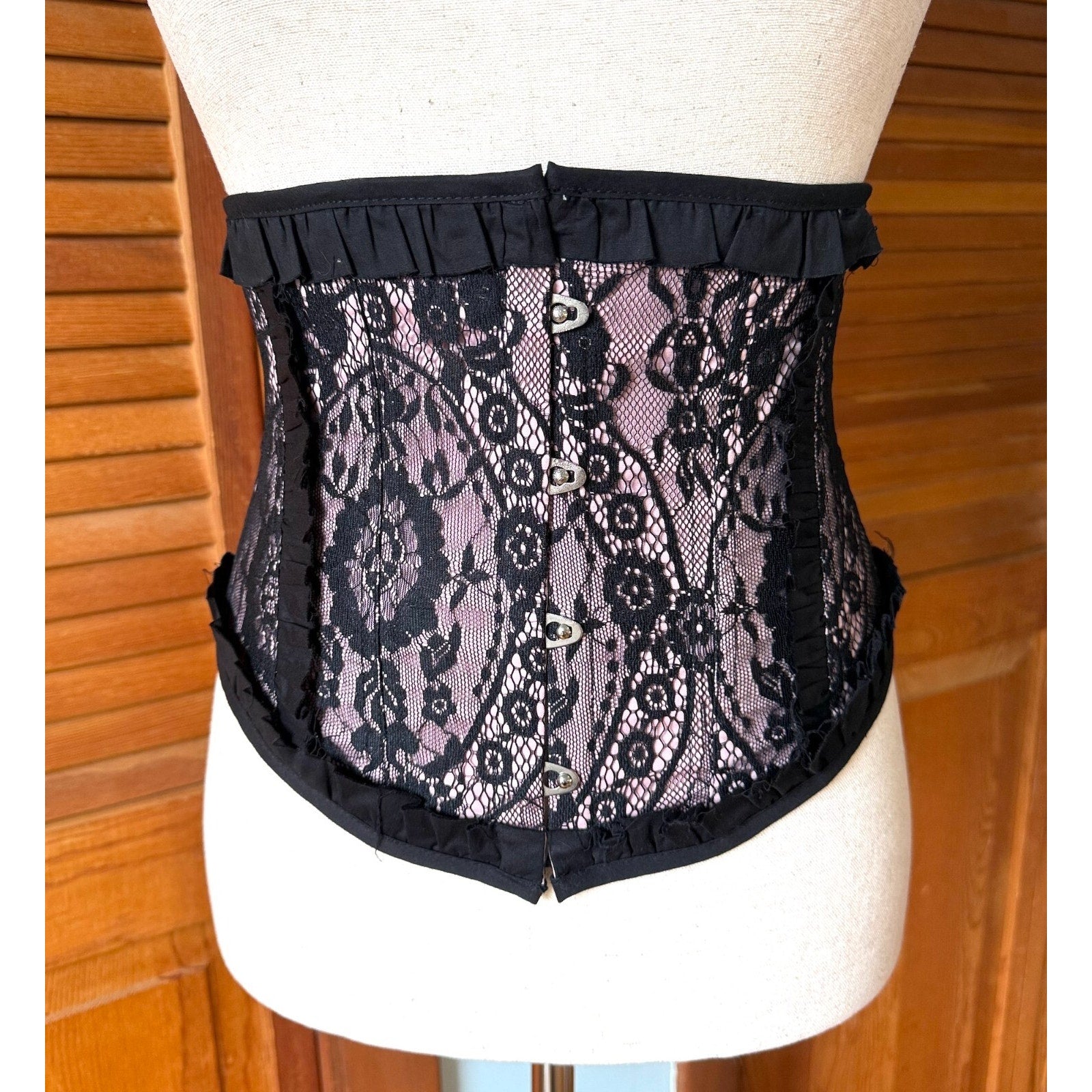 Vintage Lip Service Gothic Lolita Victorian Pink Black Lace Corset Cincher