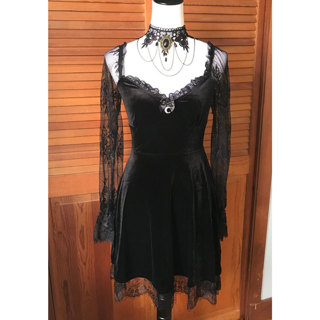 Gothic Victorian Dark Side of the Moon Black Velvet & Lace Dress