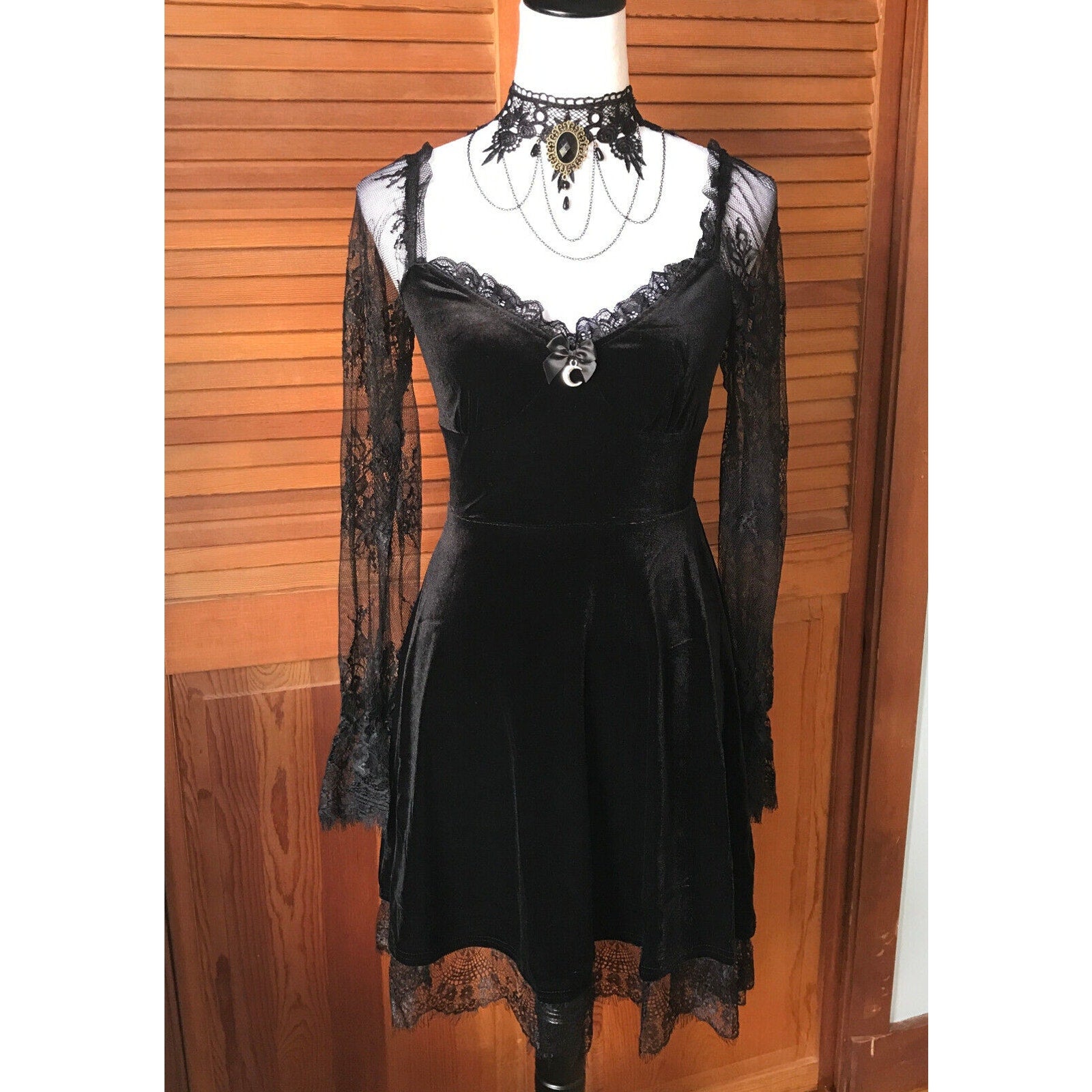 Gothic Victorian Dark Side of the Moon Black Velvet & Lace Dress
