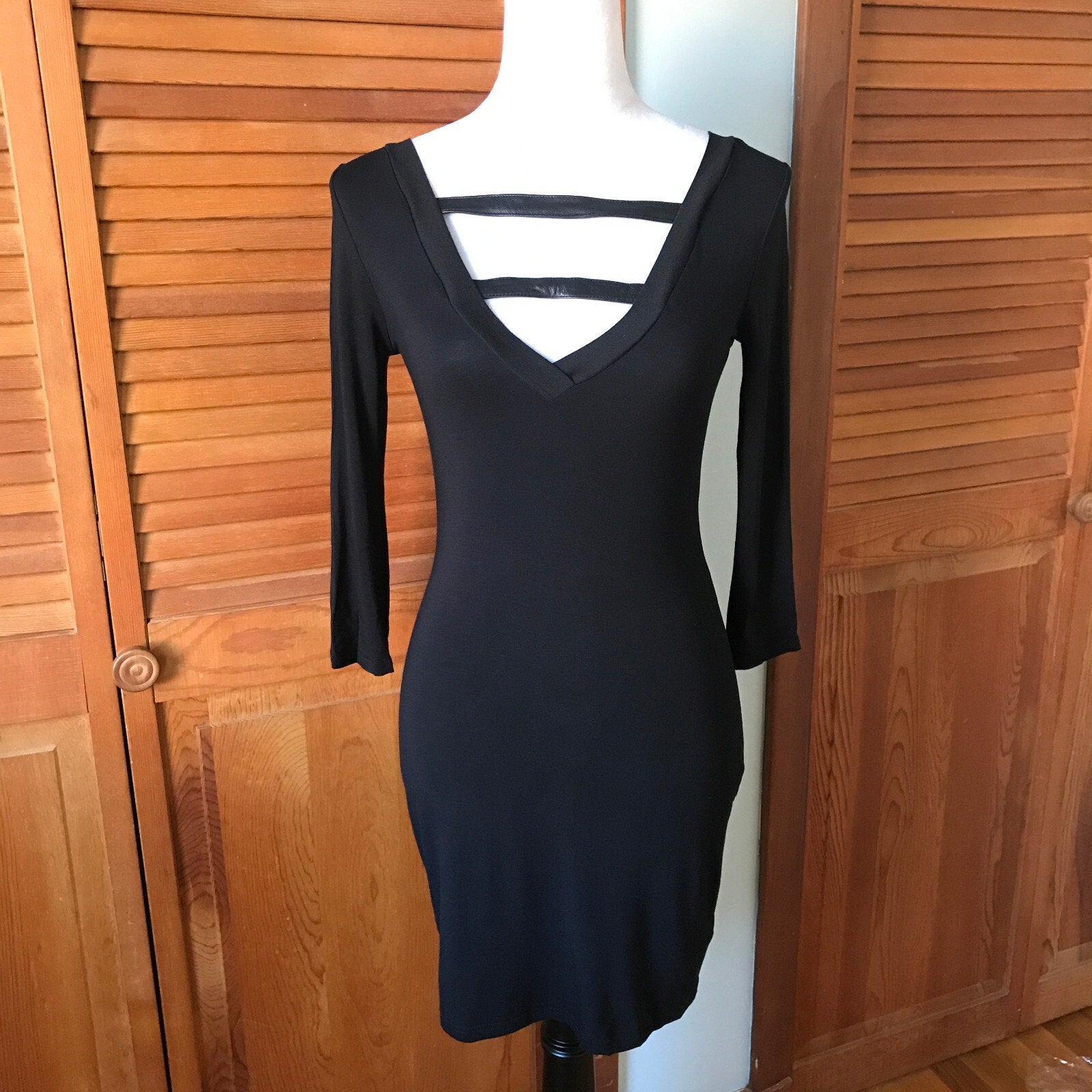 Vintage Lip Service Widow Black Leather Straps 3/4 Sleeve Goth Mini Dress XS