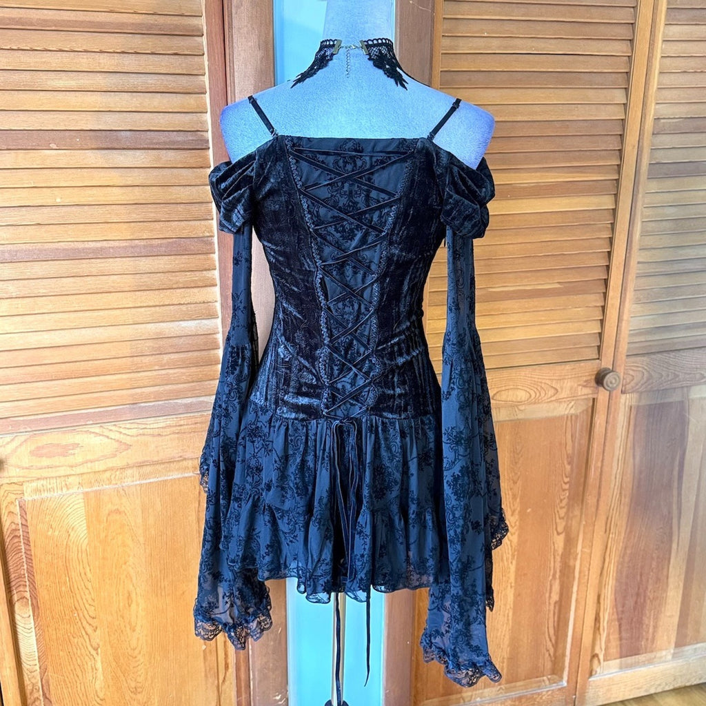 Dark In Love Gothic Victorian Dark Fairycore Black Rose Fairy Lace Mini Dress S