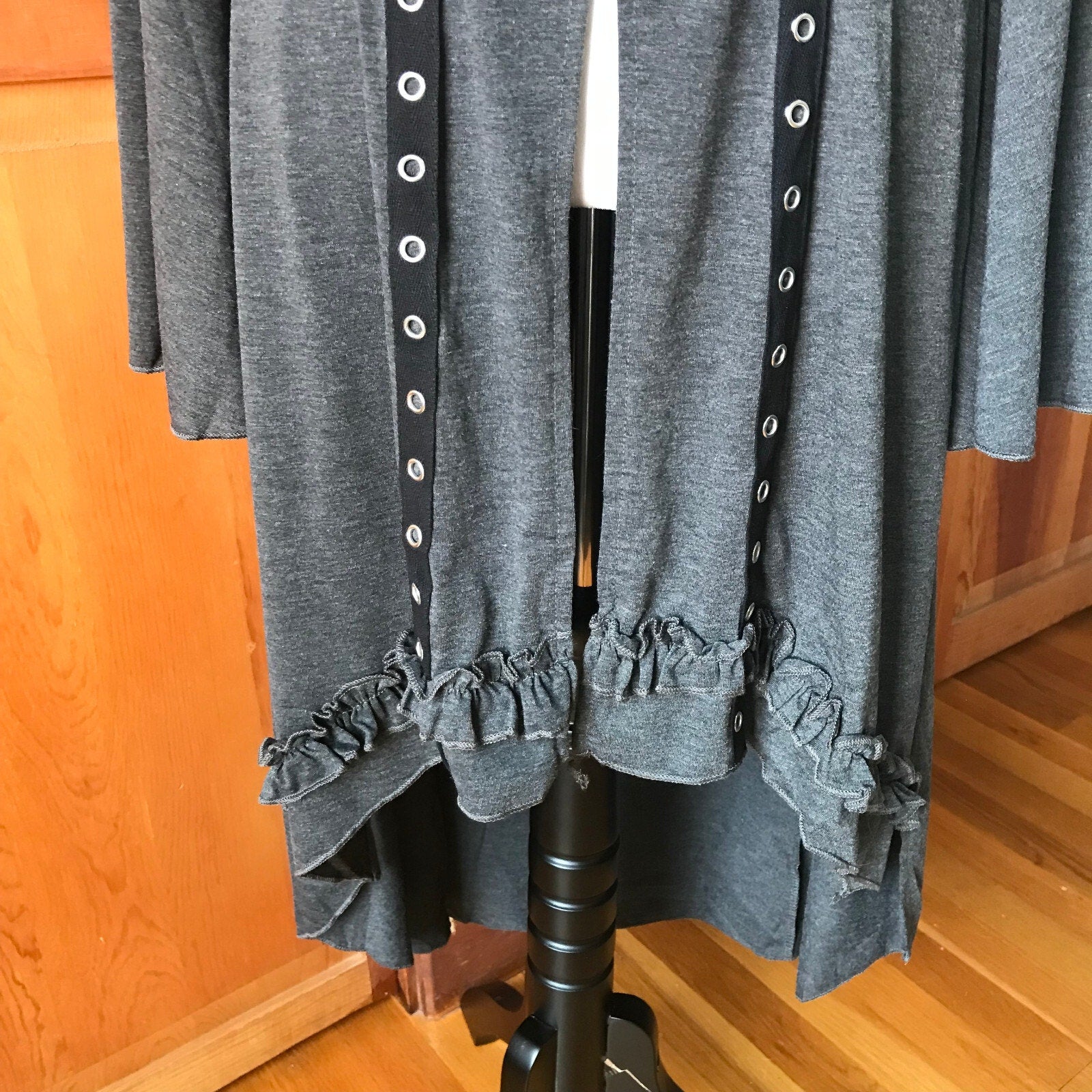 Goth Punk Emo Witchy Y2K Hooded Gray Buckle High-Low Duster Jacket Top Dress S