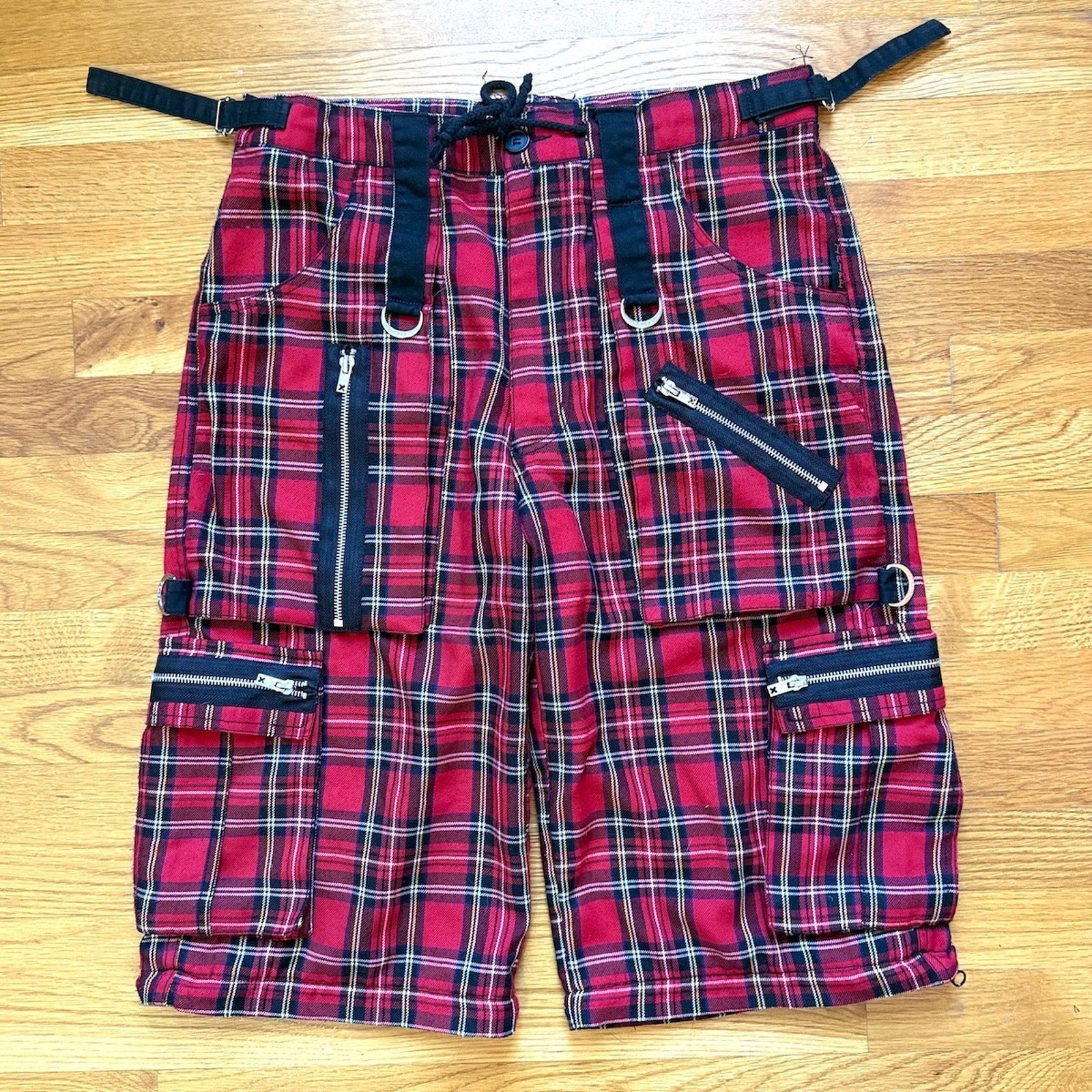 Vintage Tripp NYC Punk Goth Y2K Red Plaid Bondage Transformer Pants Shorts M