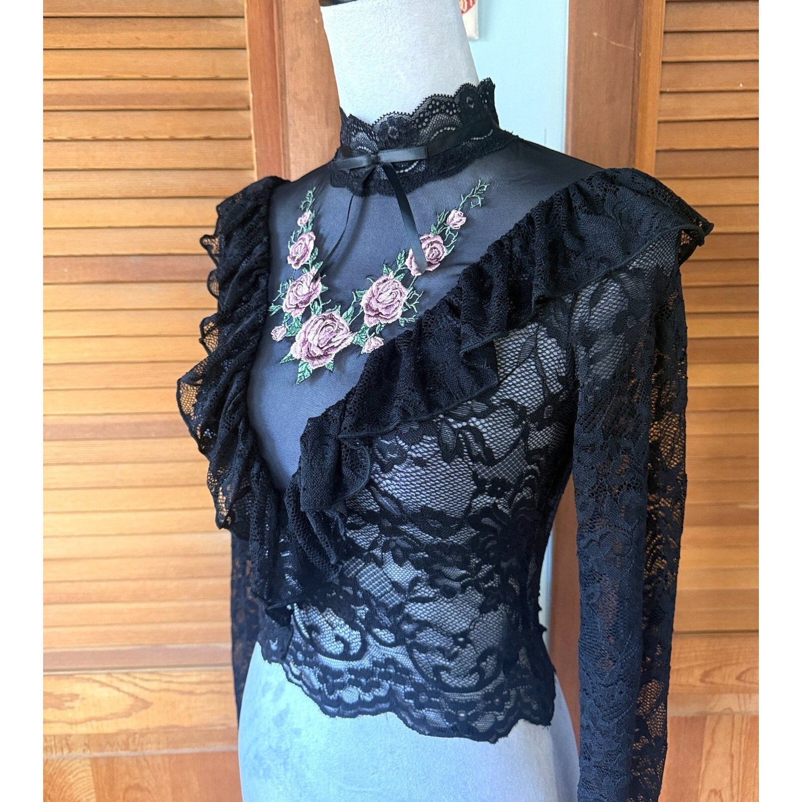 Dolls Kill Garden Goth Gothic Victorian Rose Thorn Black Lace Ruffle Top