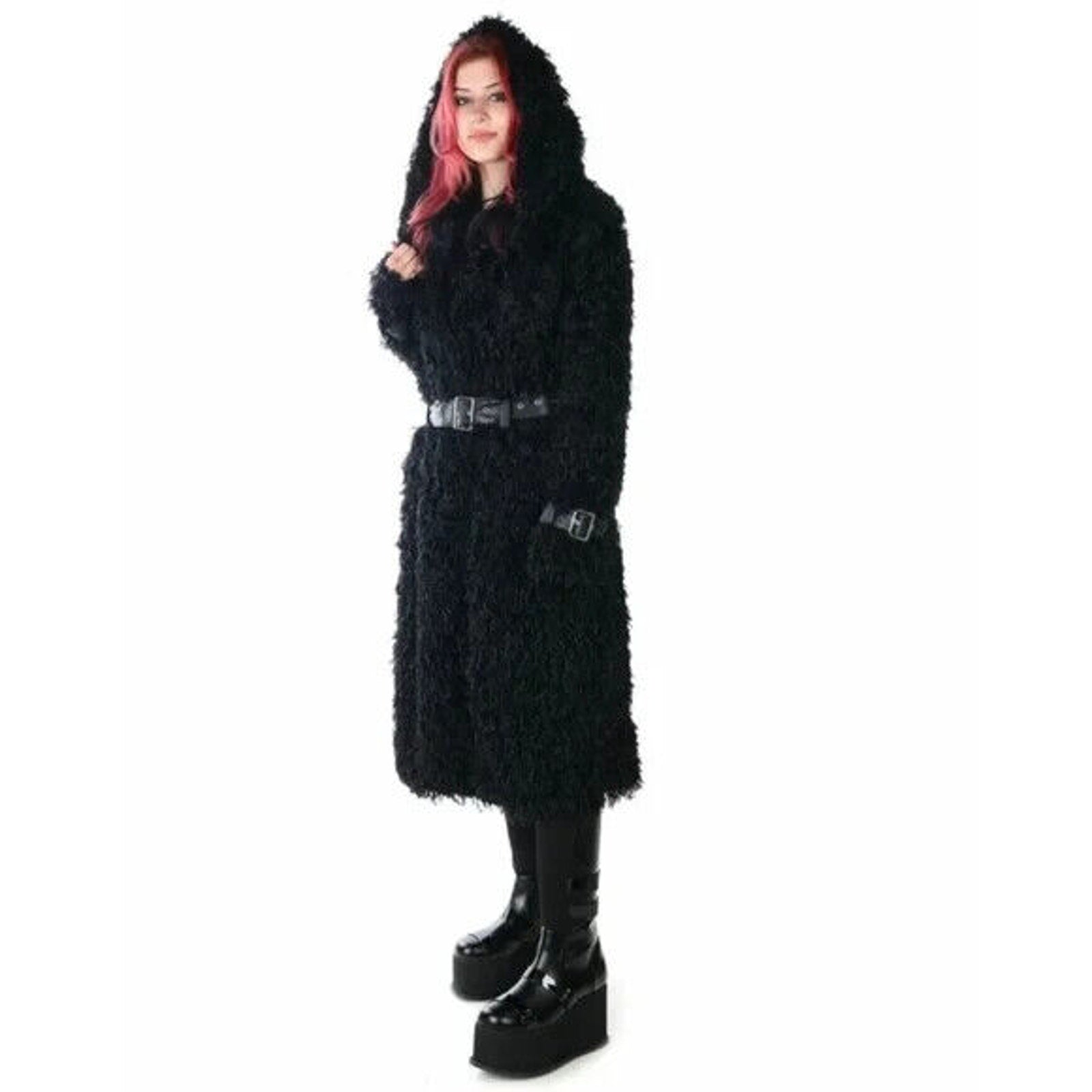 Killstar Goth Punk Black Faux Fur & Buckles Oversized Hooded Coat Jacket S-M