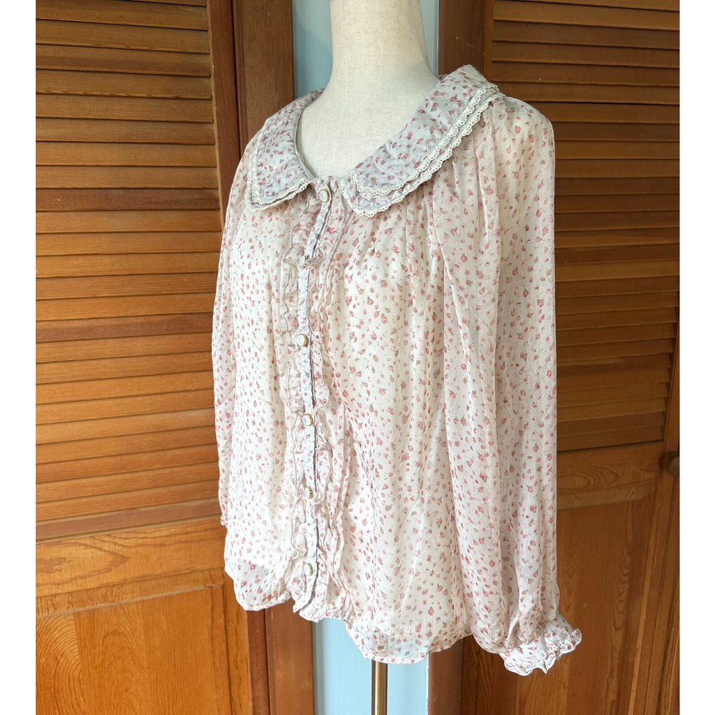 Whimsigoth Victorian J-fashion Lolita Jirai Ivory Pink Rose Wide Collar Shirt M