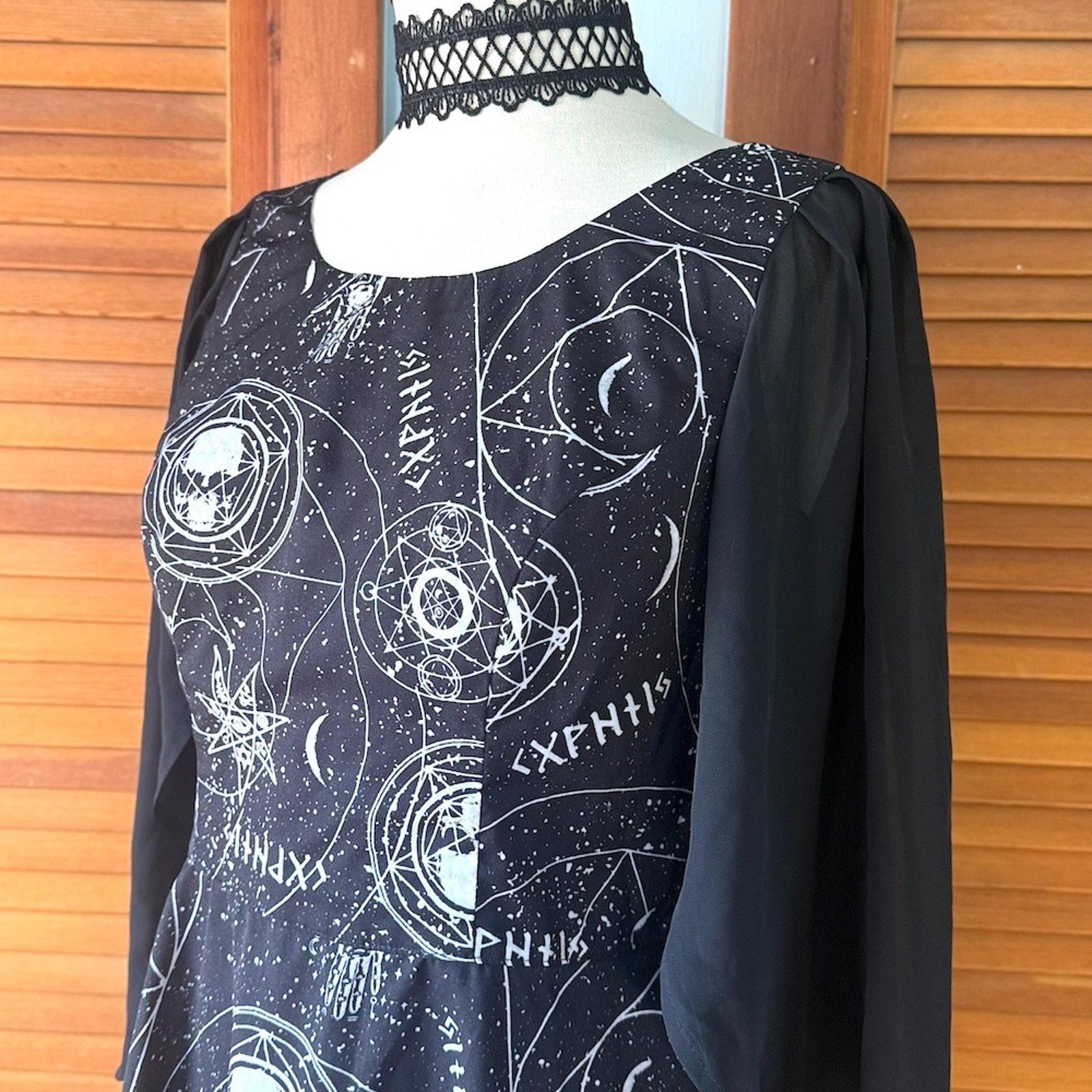 Goth Punk Witchcore Wiccan Skull Astrology Black Batwing Mini Dress M-L