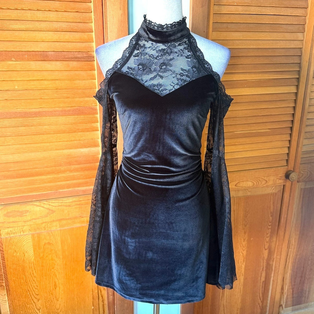 Gothic Victorian Vampire Dark Fairycore Velvet & Lace Bell Sleeve Mini Dress