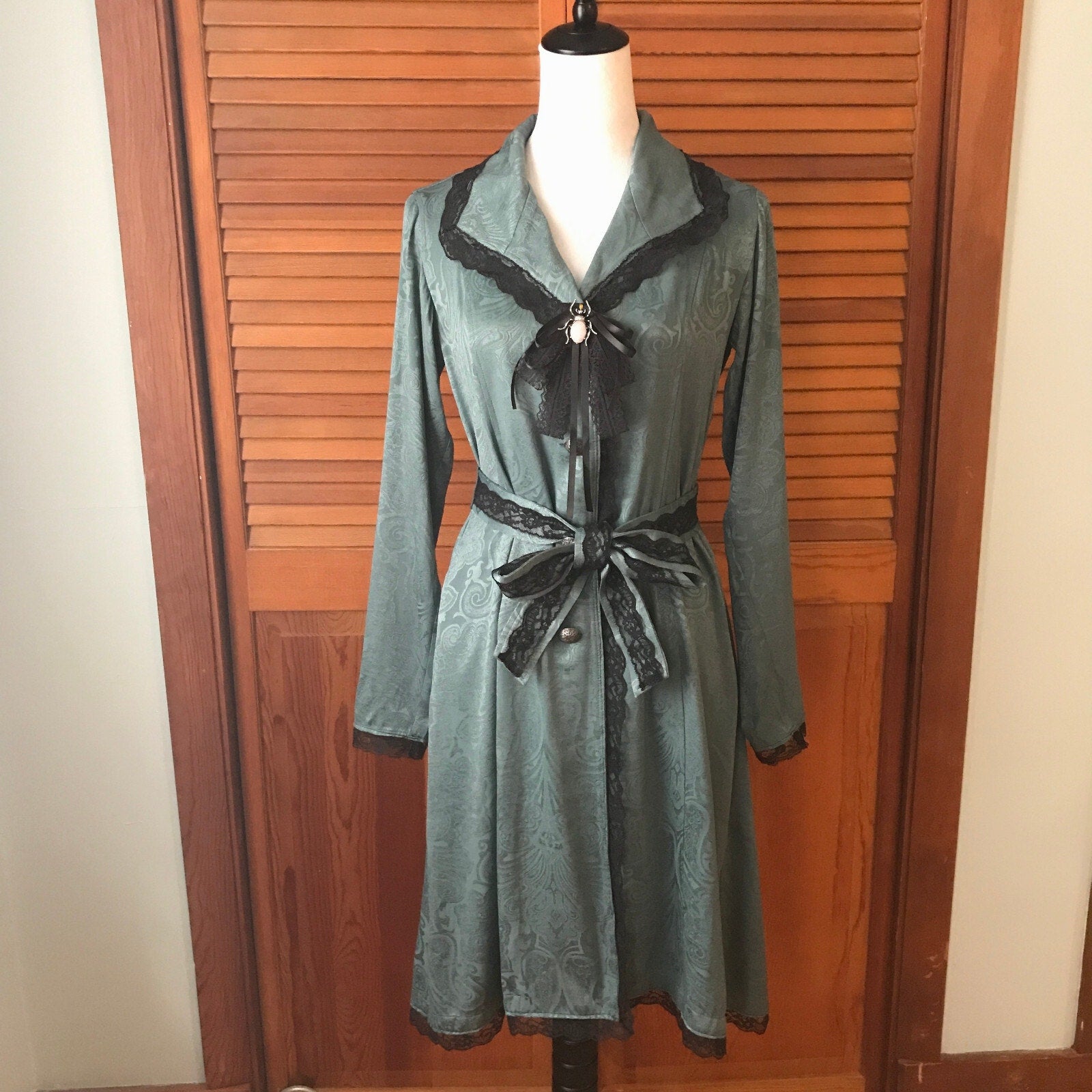 Gothic Lolita Victorian Green Jacquard Light Duster Jacket Dress w/ Bow XS