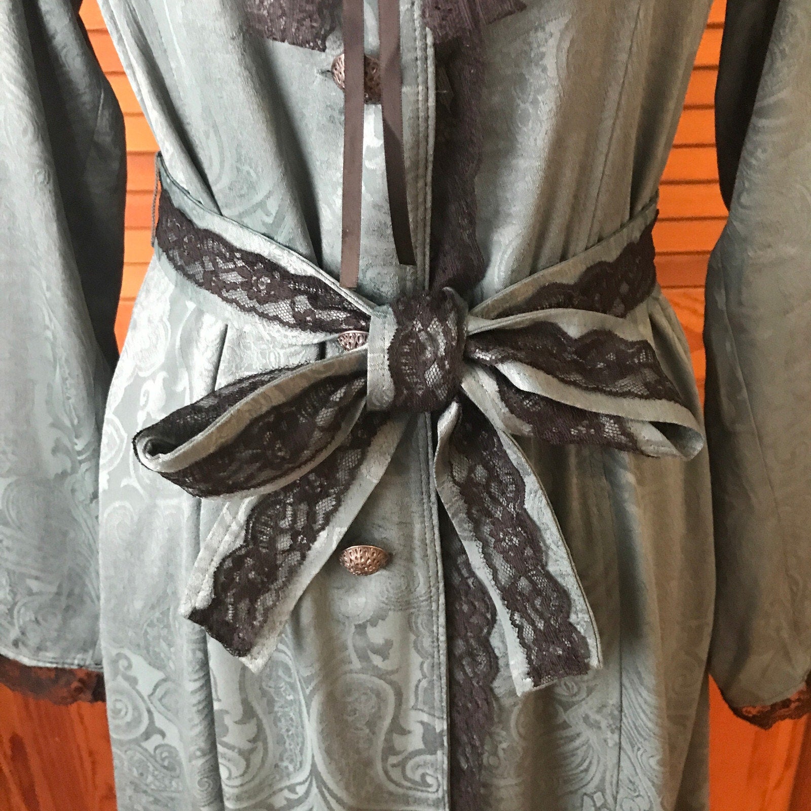 Gothic Lolita Victorian Green Jacquard Light Duster Jacket Dress w/ Bow XS