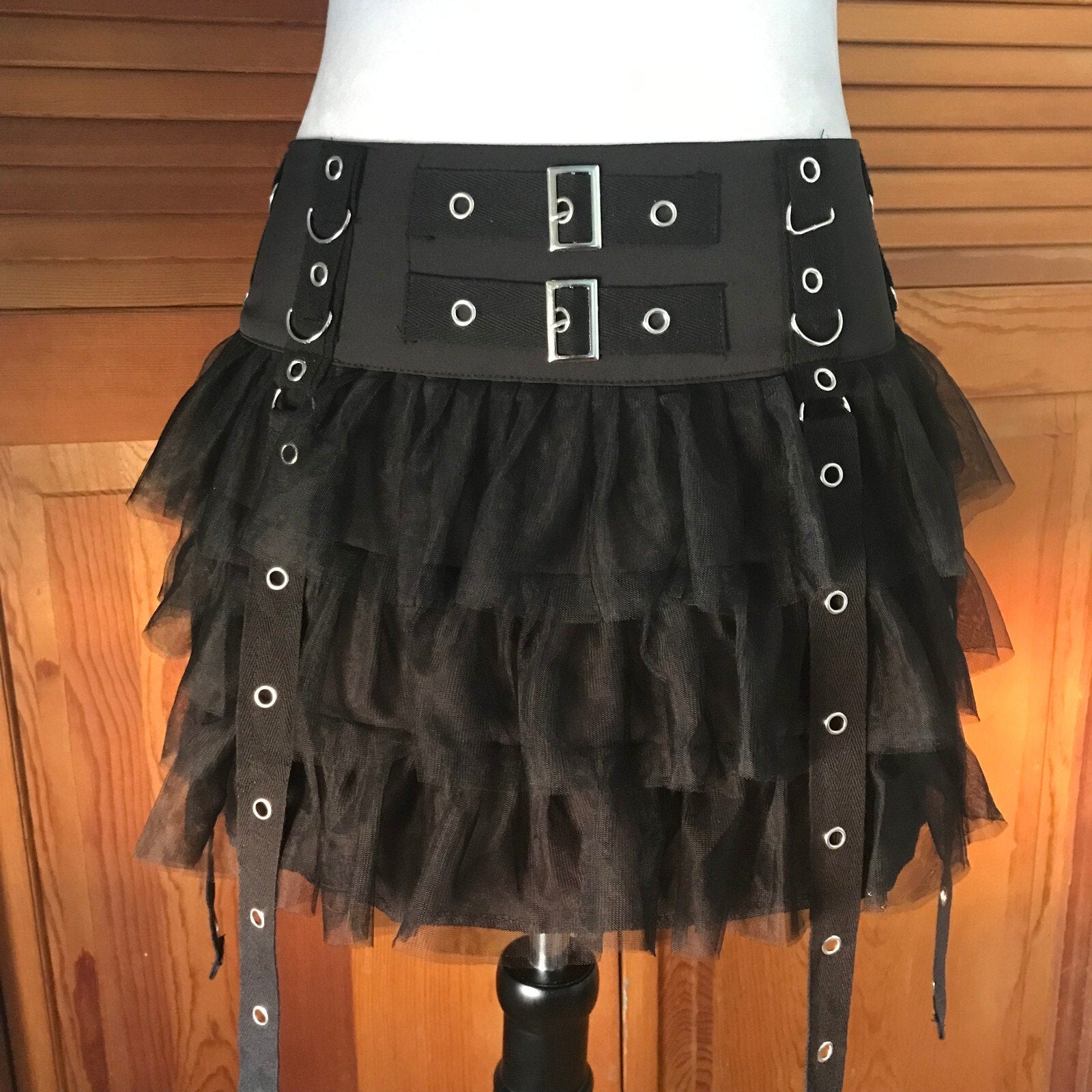 Goth Punk Visual Kei Black Buckle & Strap Ruffle Mini Skirt S