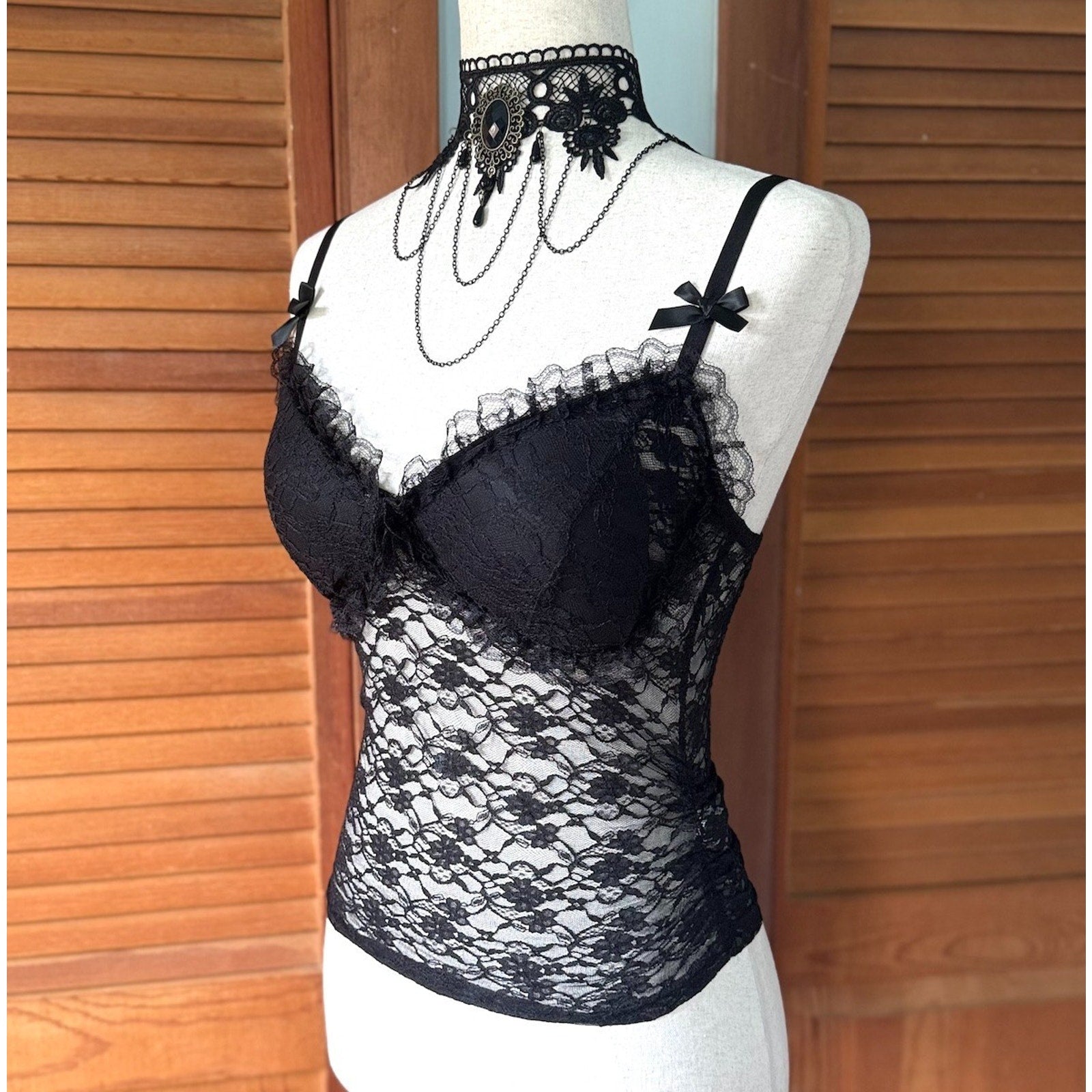 Gothic Lolita Victorian Fairycore Dark Cottage EGL Black Lace Bows Cami Top