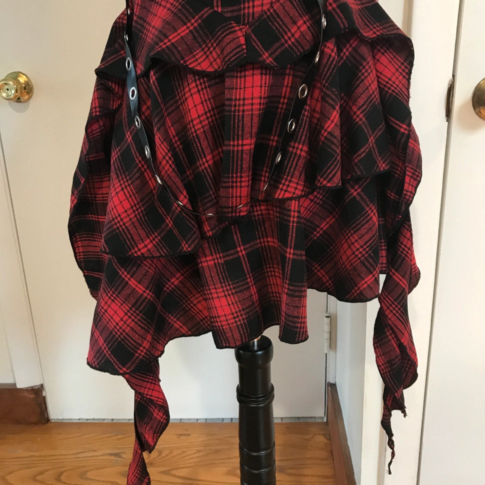 Punk Goth Visual Kei Red Plaid Tartan Pixie Hem Shoulder Strap Dress S