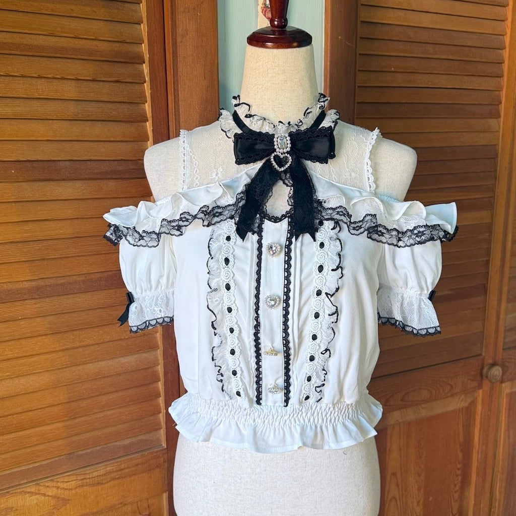 J-fashion Jirai Kei Gyaru Ryousangata Harajuku Bow Heart White Blouse Top