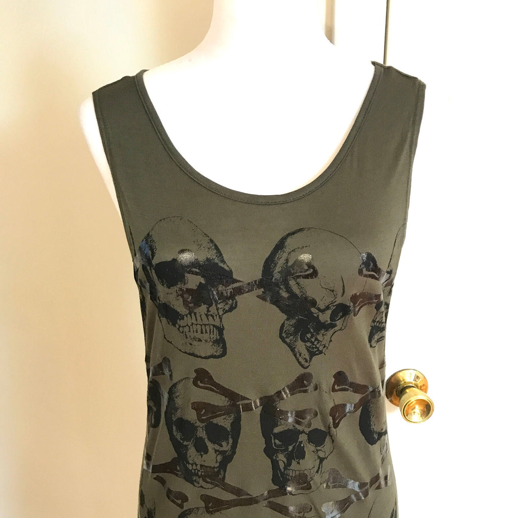 Tomb Raider Hi-Lo Goth Punk Steampunk Skull Crossbones Army Green Tunic Top S