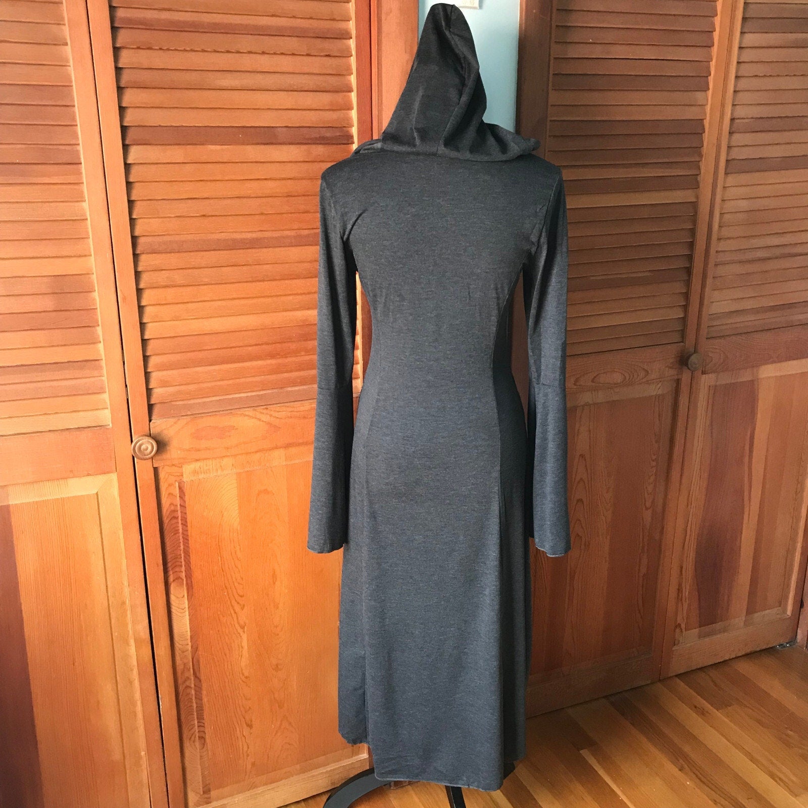 Goth Punk Emo Witchy Y2K Hooded Gray Buckle High-Low Duster Jacket Top Dress S