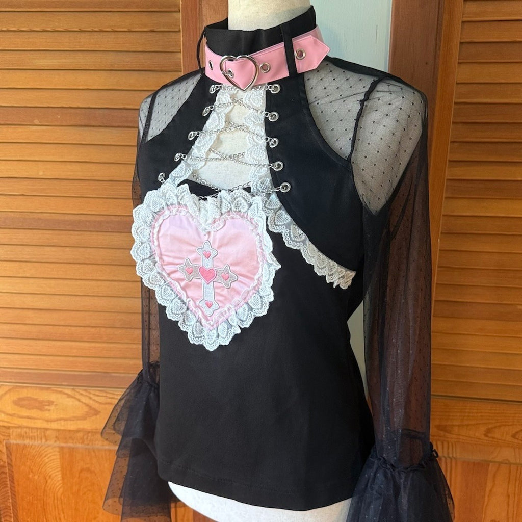 J-fashion ACDC Rag EGL Punk Gyaru Harajuku Goth Black Pink Heart Chain Top S-M