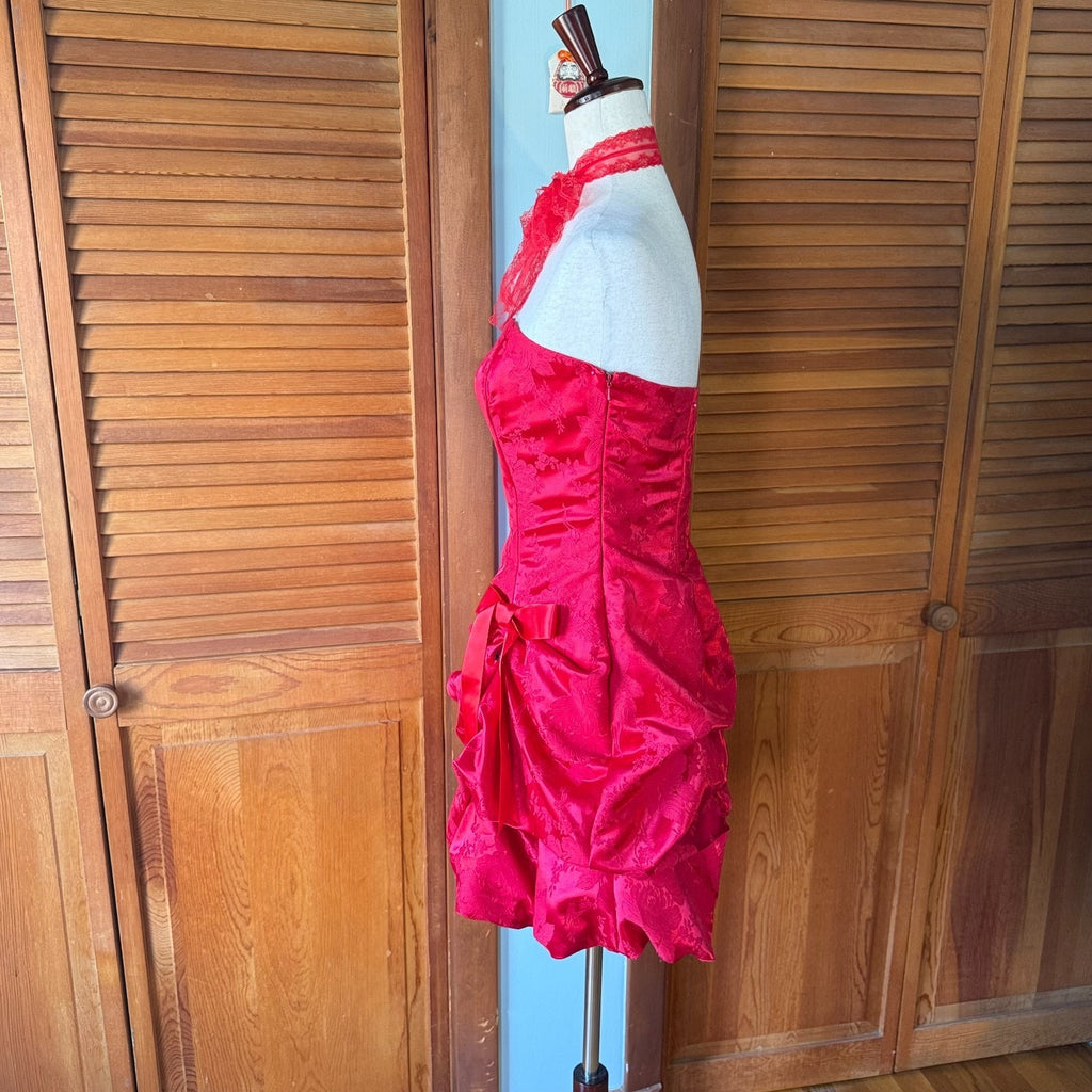 Vintage Burlesque Jessica McClintock Red Brocade Bow Party Cocktail Dress 7 S-M