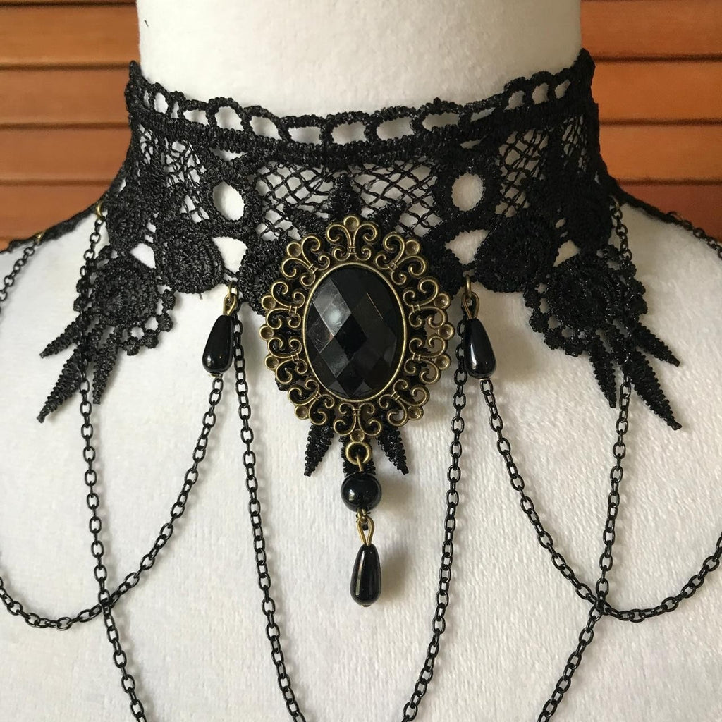 Gothic Victorian Vampire Whimsigoth Vkei Black Lace & Chains Choker Necklace