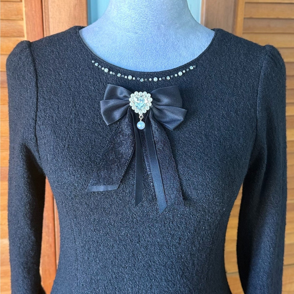 Lodispotto J-fashion Gyaru Jirai Black Wool Blend Beaded Bow Winter Dress M