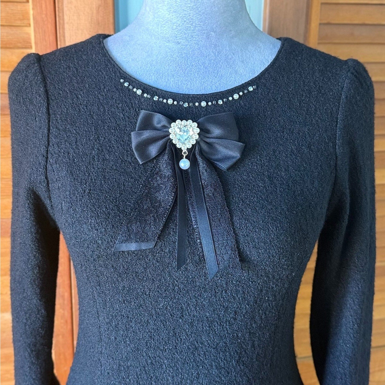 Lodispotto J-fashion Gyaru Jirai Black Wool Blend Beaded Bow Winter Dress M