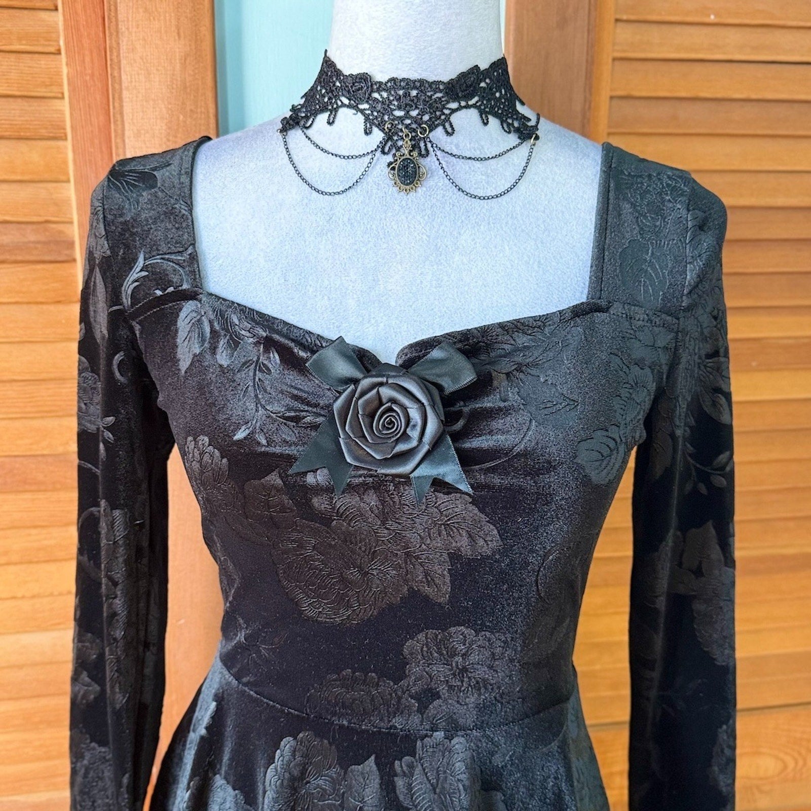 Garden Goth Victorian Dark Fairycore Midnight Blossom Black Velvet Dress