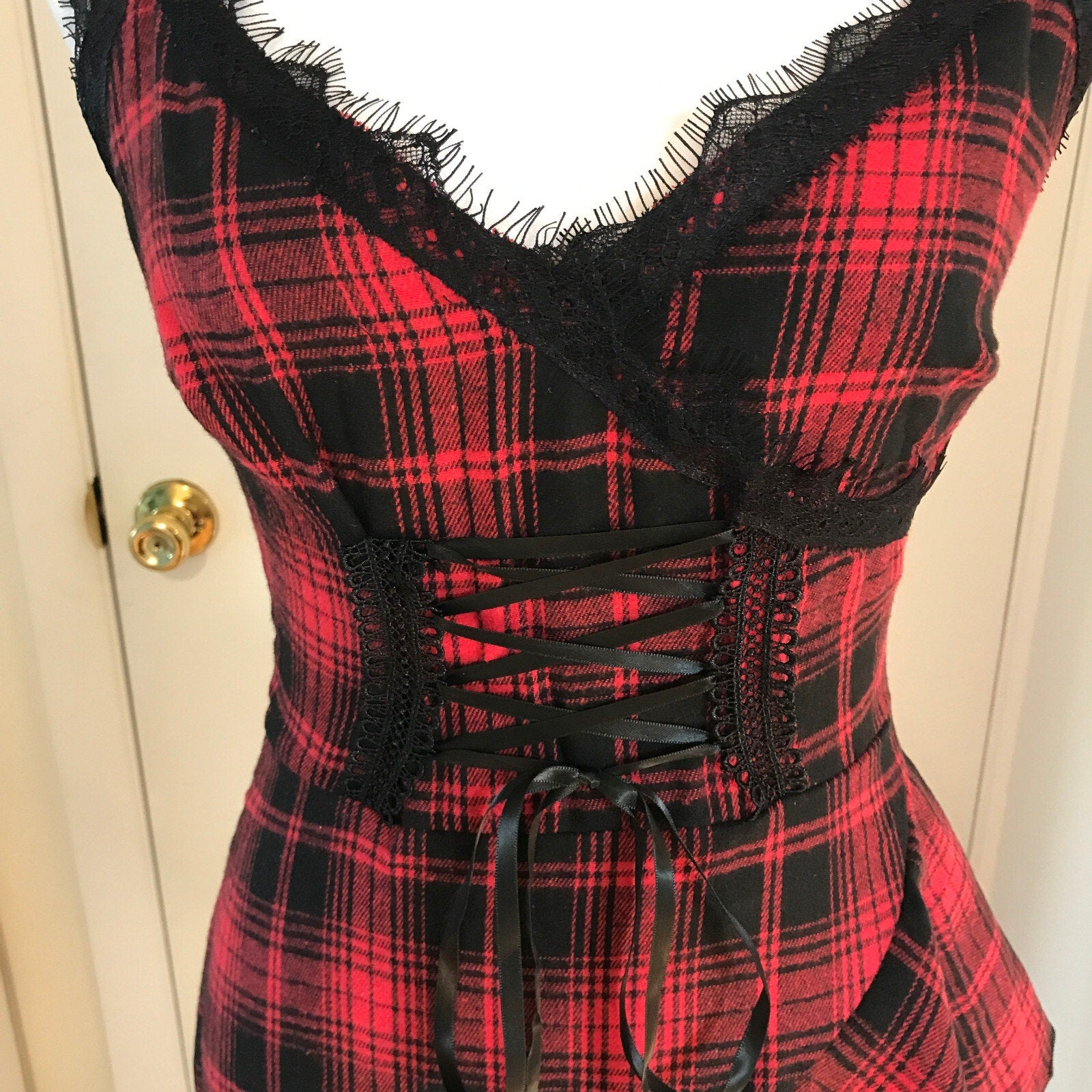 Punk Goth Visual Kei Red & Black Plaid Tartan Asymmetrical Hem Dress S
