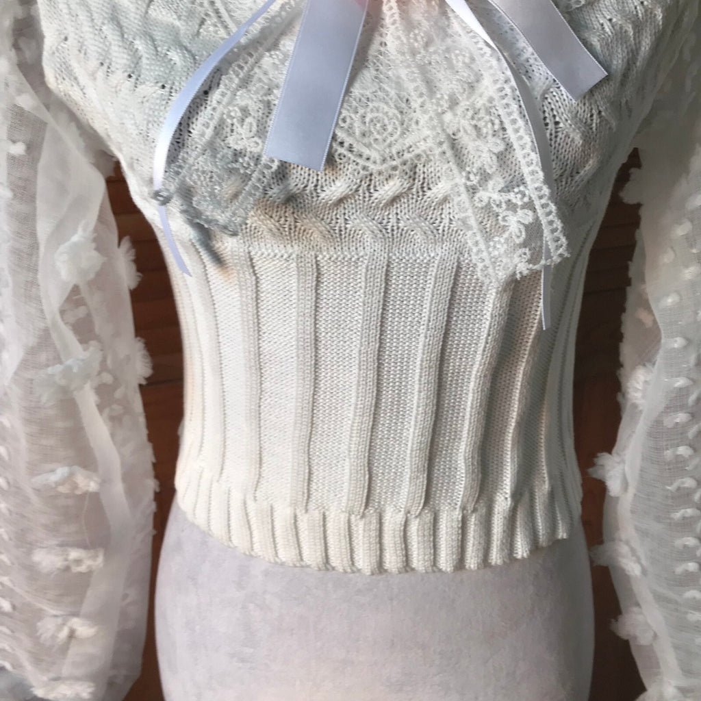 Victorian J-fashion Cottage Dolly Innocent Heart White Cropped Sweater Top S-M