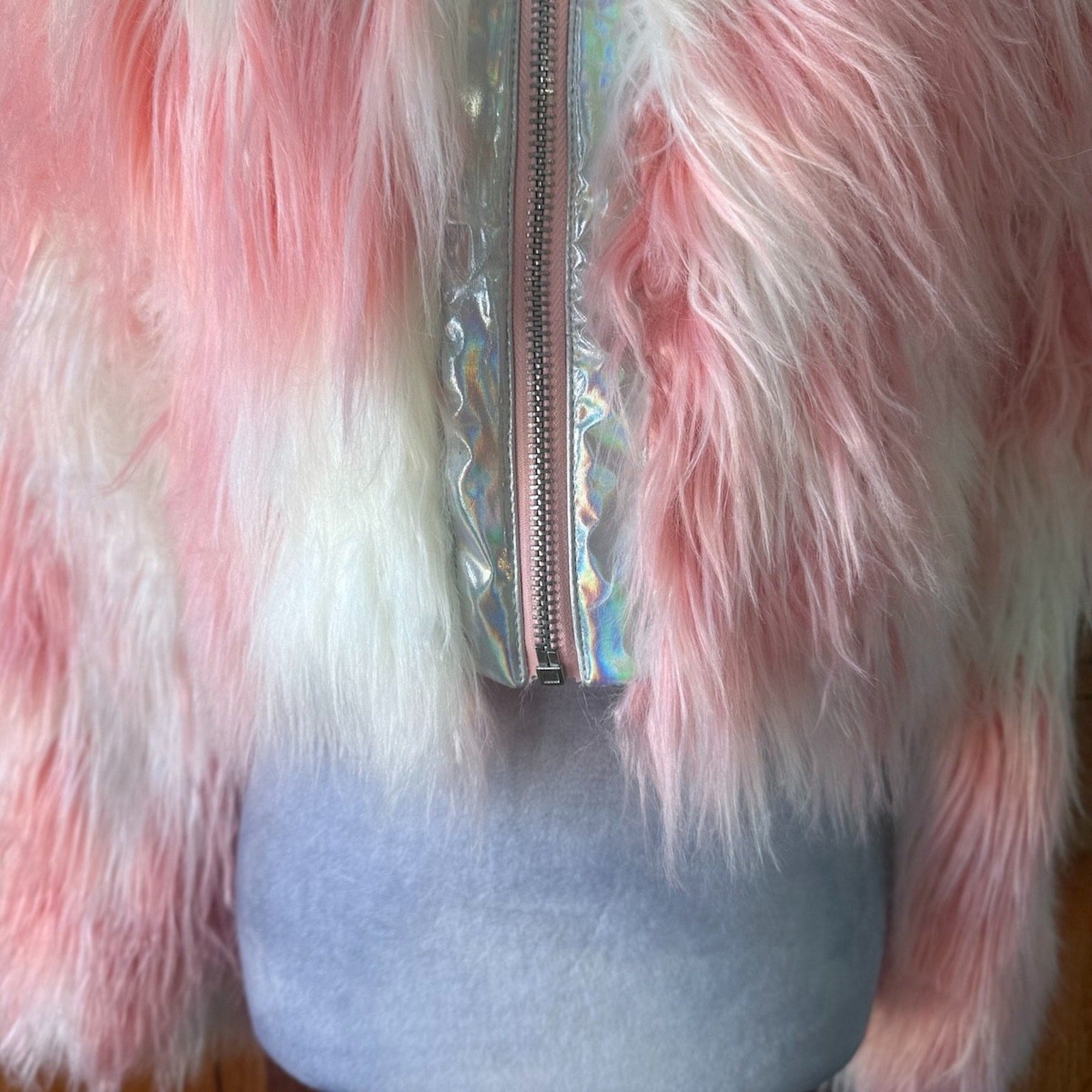 Vintage Lip Service 24 Hours Cyber Goth Punk Y2K Pink White Faux Fur Jacket XS