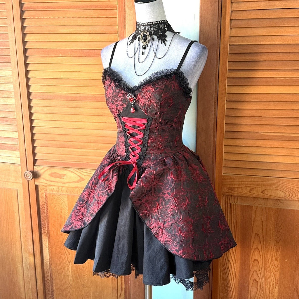 Gothic Victorian Vampire EGL Dark Fairycore Blood Roses Mini Dress + Petticoat