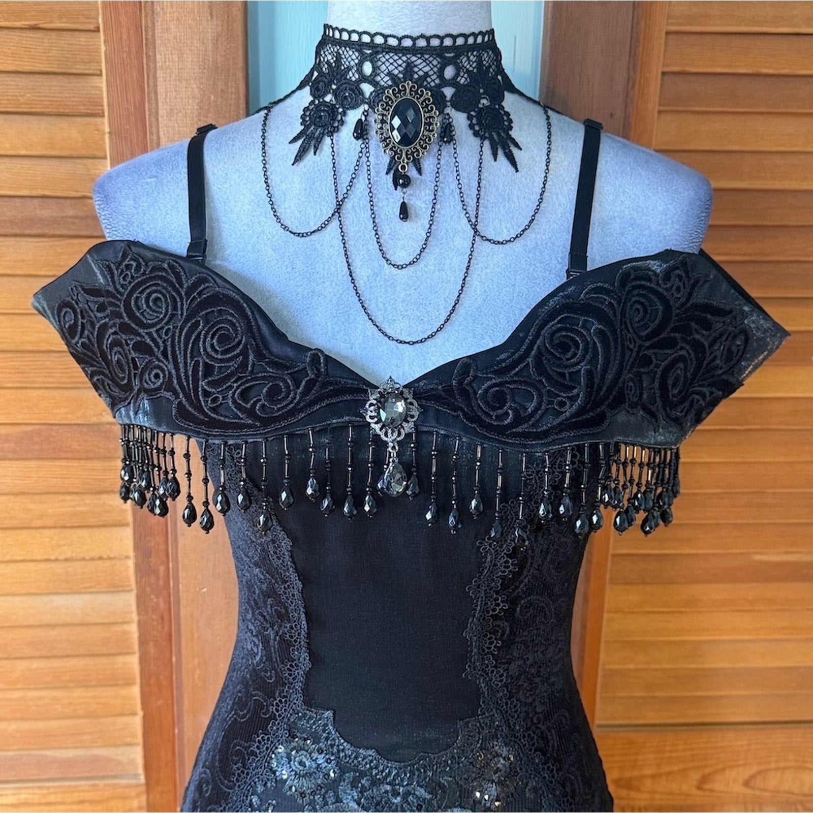 Devil Fashion Gothic Victorian 'Vampire Masquerade' Black Velvet Beaded Gown
