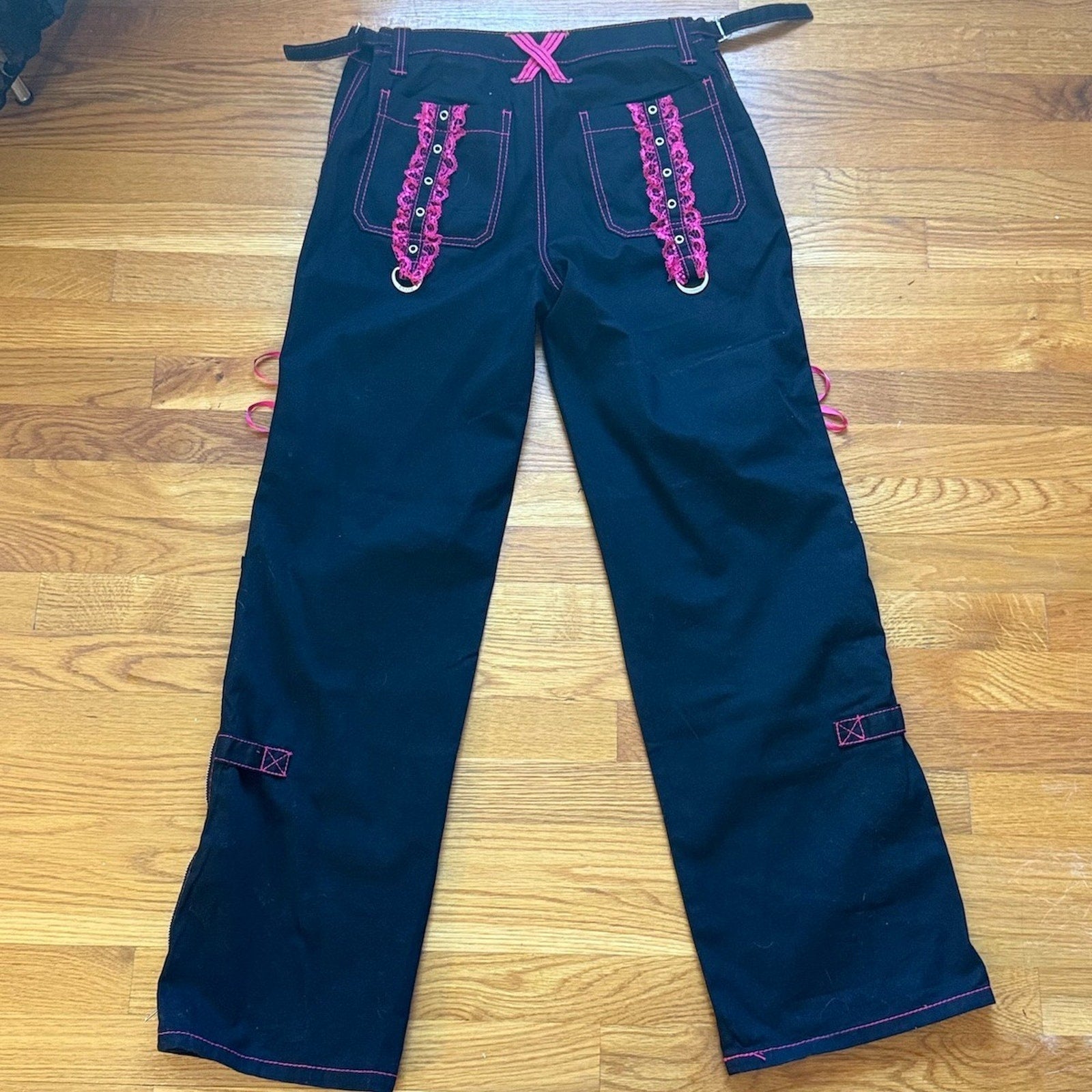 Tripp NYC Gothic Lolita Punk Emo Black Pants w/ Pink Lace Ruffles 29/9