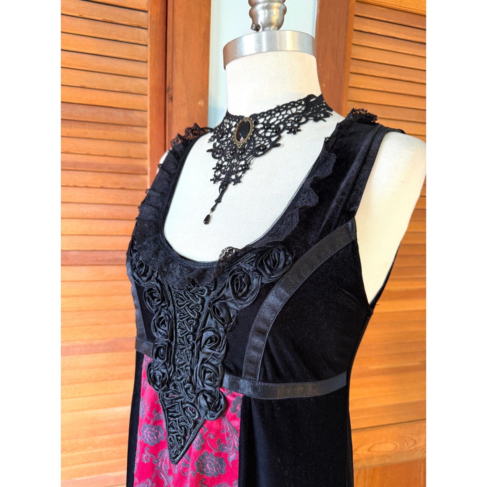 Vintage Cykxtees Gothic Victorian Y2K Velvet Black Crimson Red Brocade Dress M
