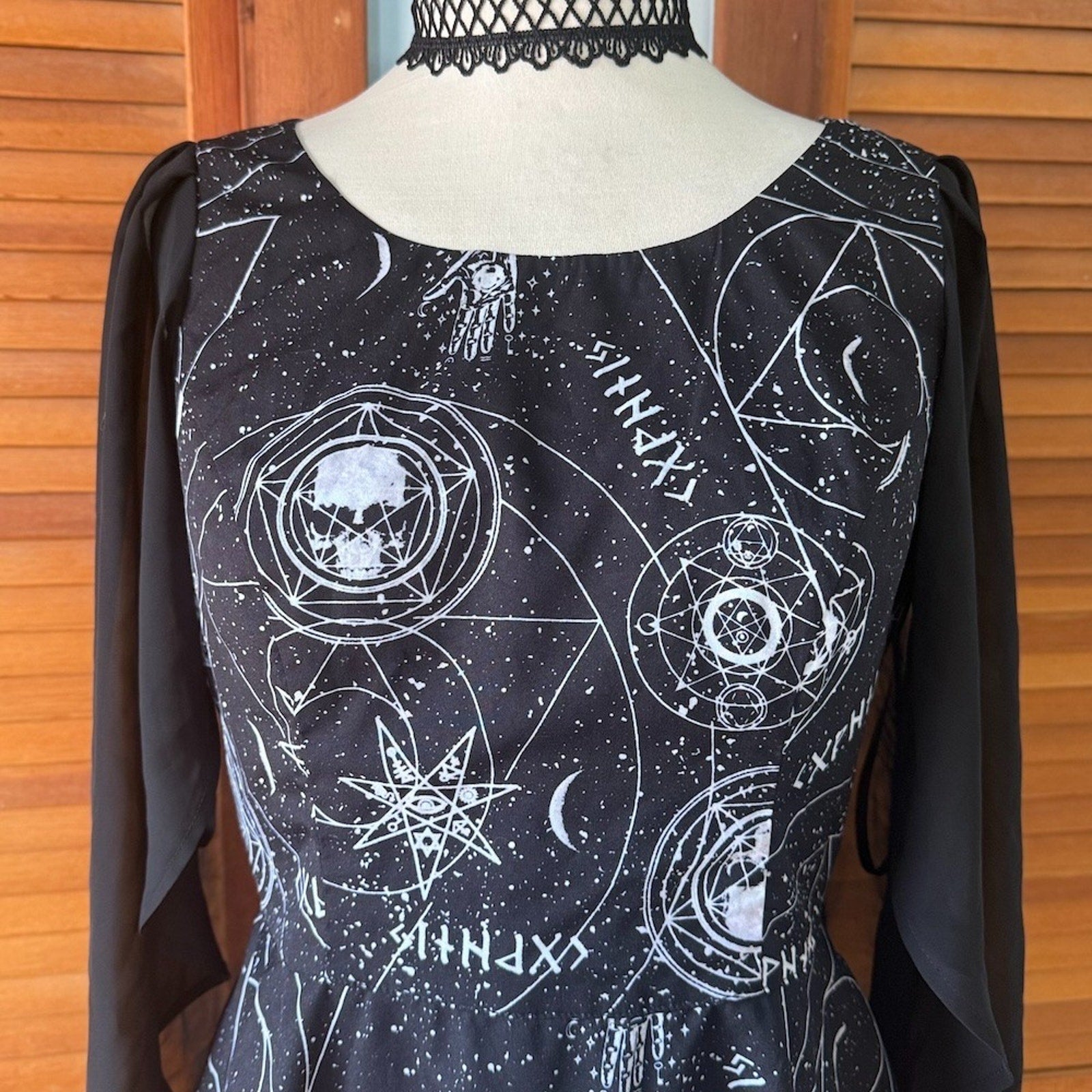 Goth Punk Witchcore Wiccan Skull Astrology Black Batwing Mini Dress M-L
