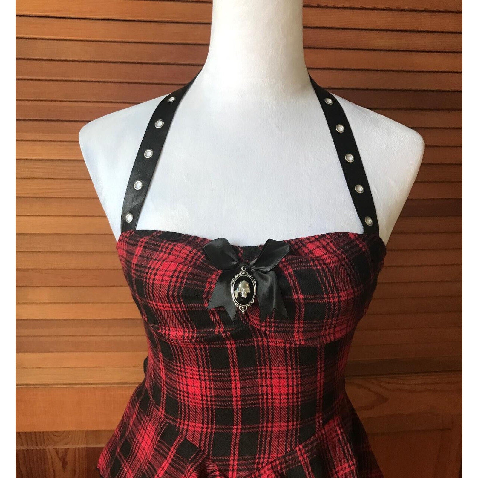 Punk Goth Red Plaid Tartan Pixie Hem Shoulder Strap Dress M