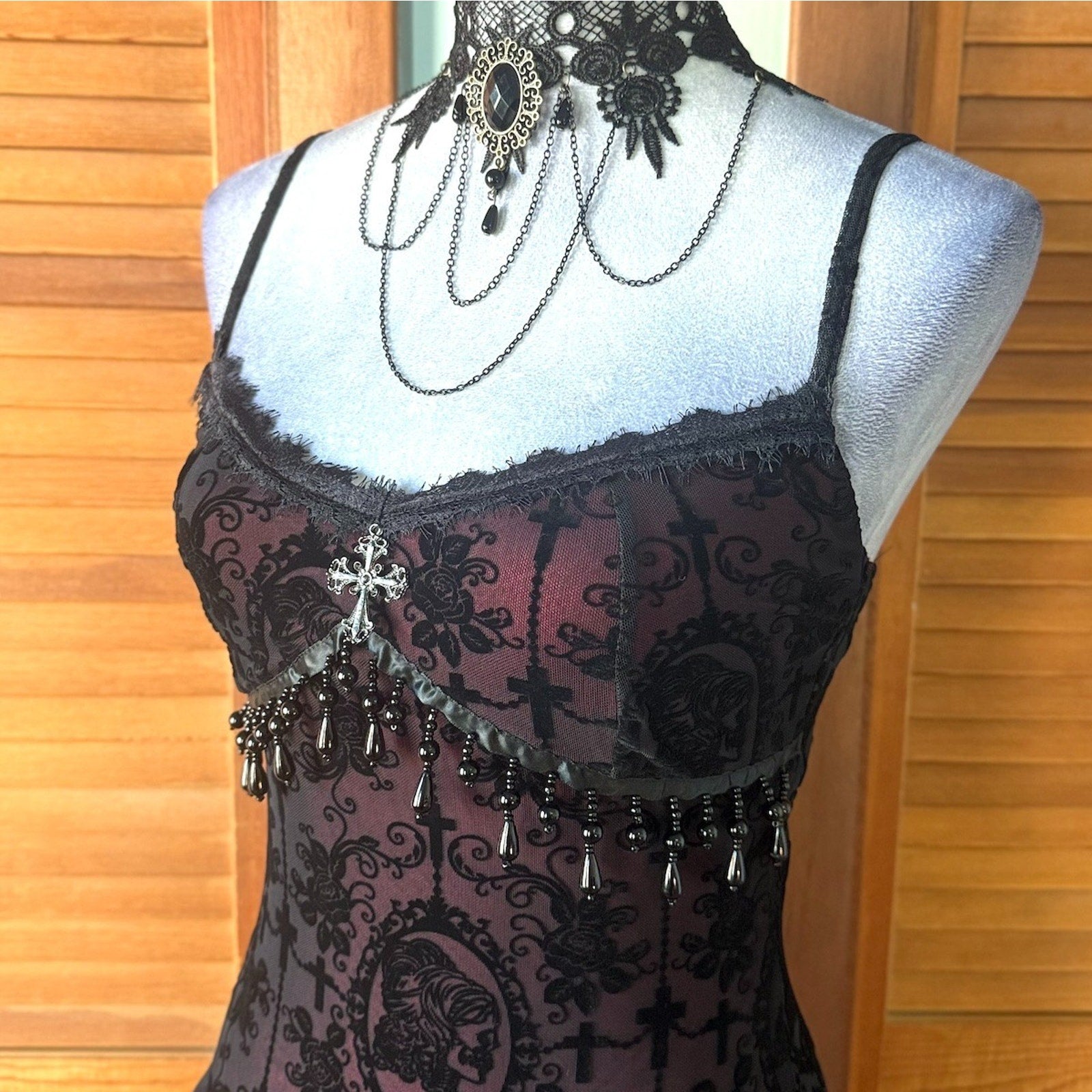 Gothic Victorian Vampire Everlasting Melancholy Cross Beads & Ruffles Dress